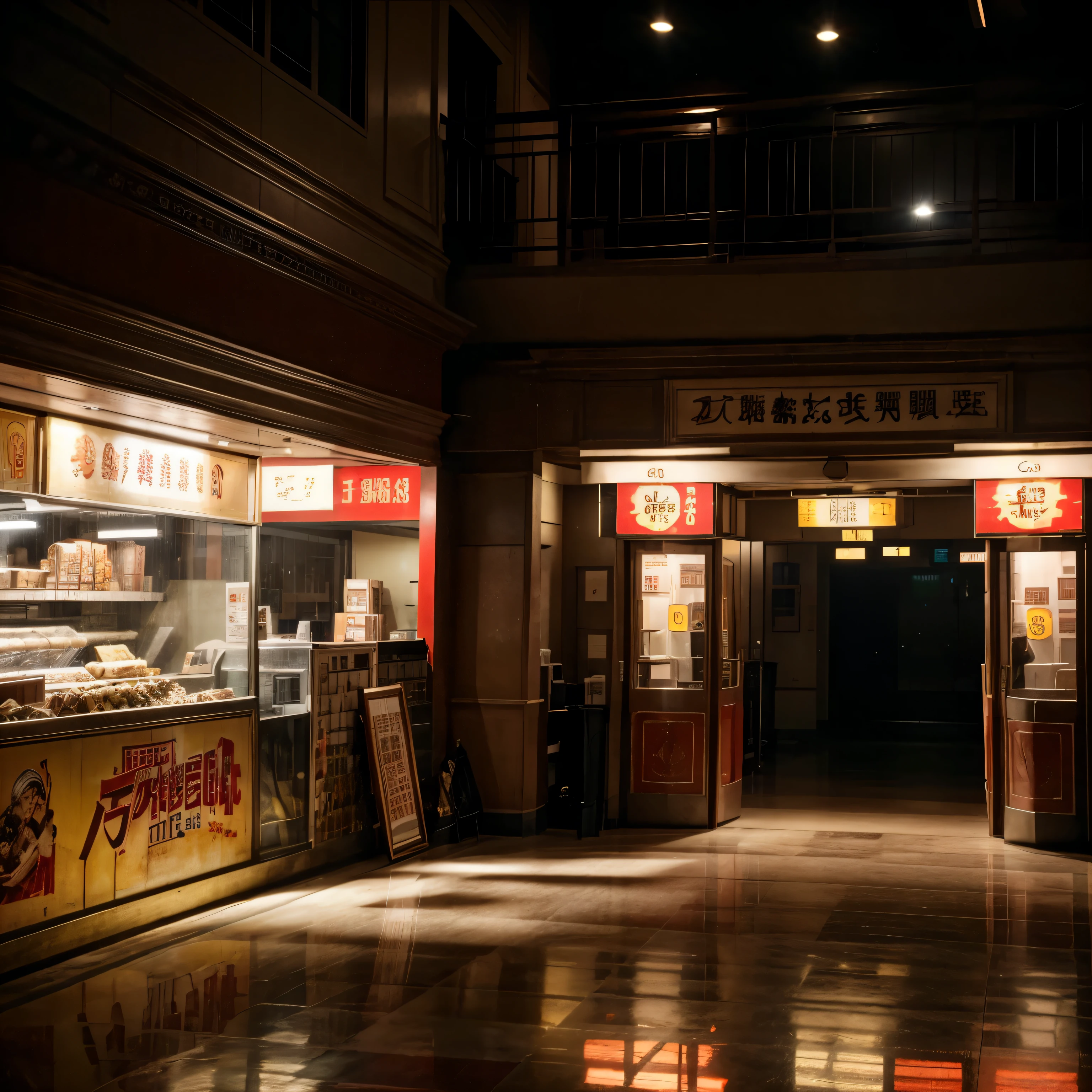 The empty high-ceilinged Taiwan Grand Theater in the 1950's,On the left, there is a movie ticket counter and a colorful American-style grocery store and snack bar selling snacks and popcorn.,There is a lamp deep in the deep hall that illuminates the entrance to the cinema door,It's covered in large hand-painted movie posters,45 degree wide angle photography,Real scene photography
