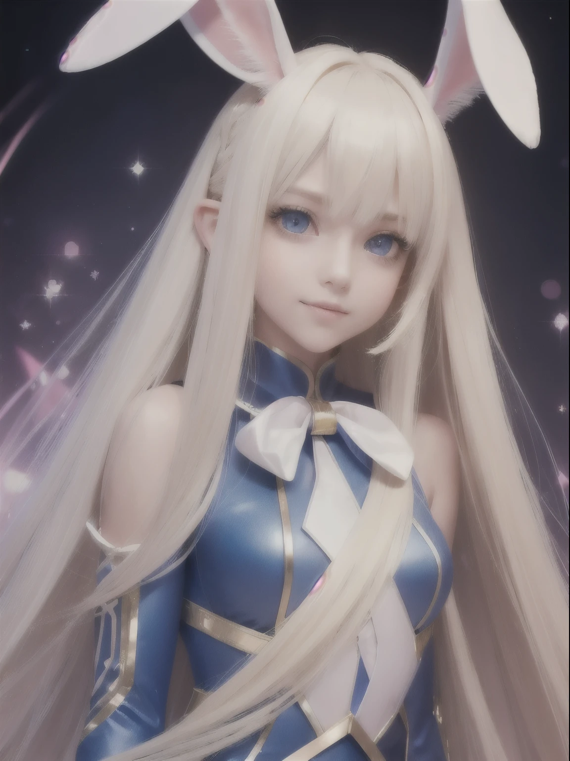 portrait, Best shot, Blonde reflected light, Platinum blonde hair with dazzling highlights, shiny light hair, Super long silky straight hair, Beautiful bangs that shine, Glowing crystal clear attractive big blue eyes. Very beautiful nice cute girl, smile, ((whole body)), ((Pink lop-eared rabbit cosplay suit)),