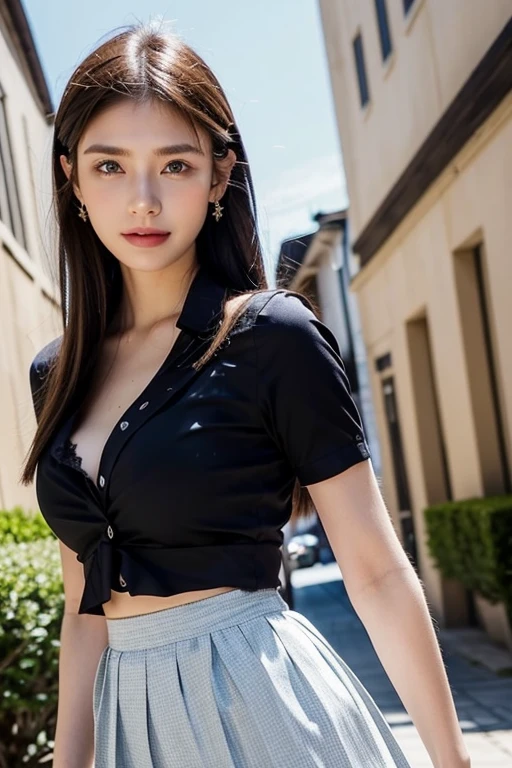 Brunette hair, Slick Back hair, happy face, beauty face, smile, Slim, Thin, Tall, Small Ass, natural tits, full body, Blue Eyes, Oval Face, Earrings, park, walking, show out butt, wearing an unbuttoned shirt with lace push up bra inside, a pleated skirt, on back, back view, viewed from distance, windy sky.