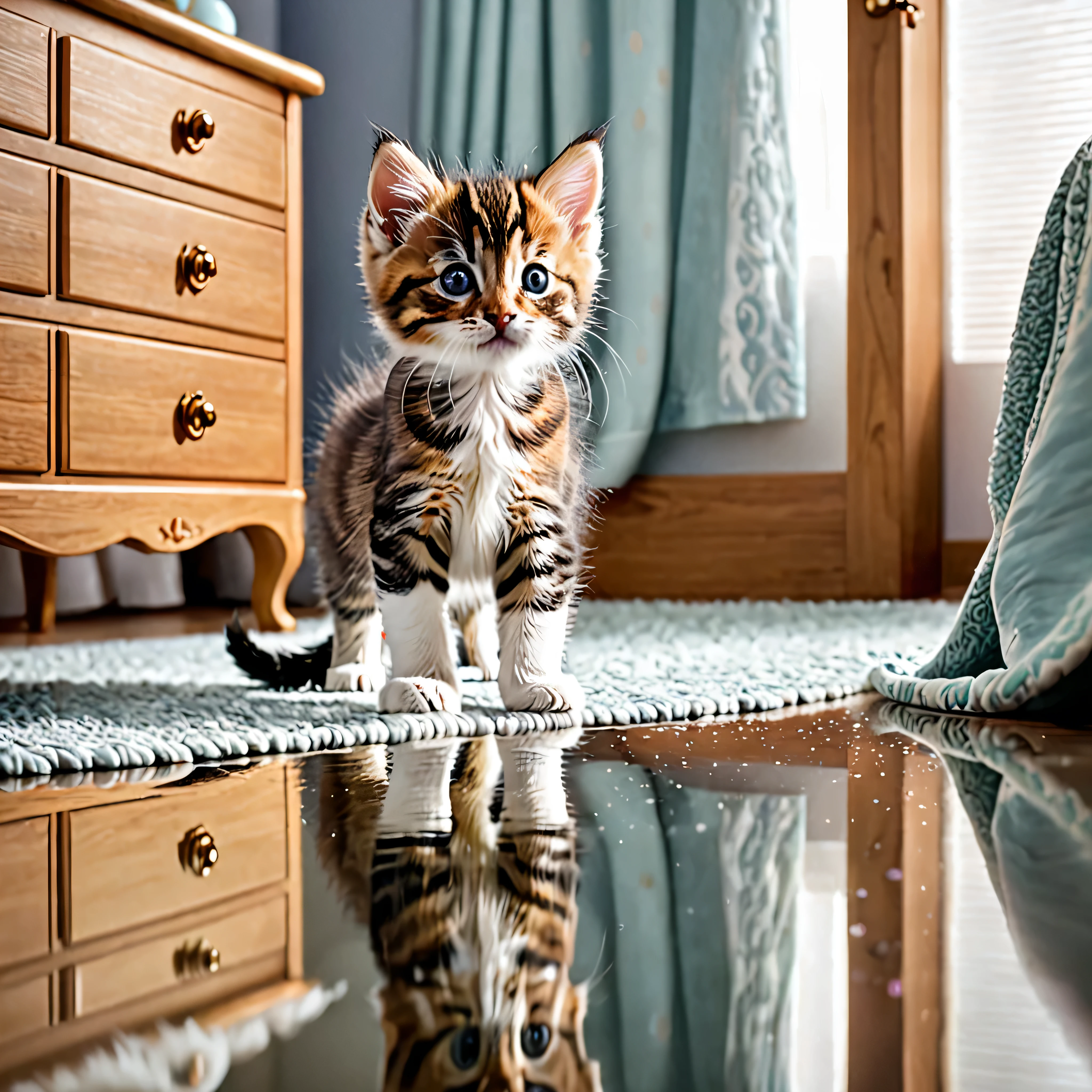 kitten,legs,reflection,Bedroom,dresser,mirror,adorable,furry,Curiosity is strong,innocent,playful,fluffy,small,small,round eyes,Beard,soft fur,gentle paws,cute,expedition,innocence,curiosity,Childish,wonder,Amusement,Vulnerability,bid,A reflection of innocence and curiosity,playful discovery.+(highest quality,4k,8K,High resolution,masterpiece:1.2),Super detailed,(realistic,photorealistic,photo-realistic:1.37),sharp focus,soft lighting,delicate color,pastel tones,adorable moments,happiness,Tranquility.