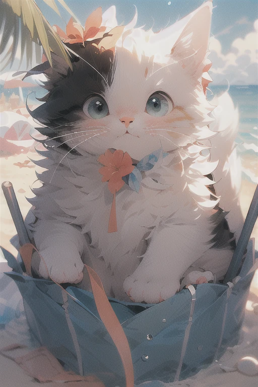 , (masterpiece:1.2), best quality,pixiv,
没have人类, flower, have, Cat, blush, beach, straw have, outdoor, looking at the audience, Keep your mouth shut, :3, animal, Fishing，sky, sand, have flower, alone, sky空
 