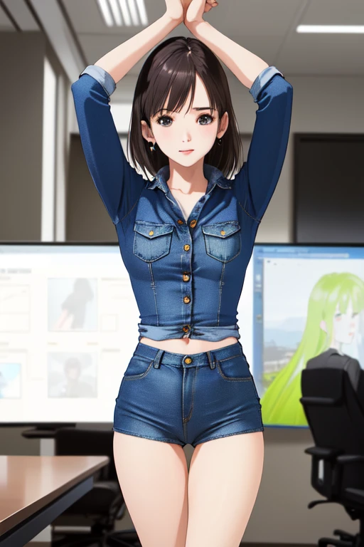 (masterpiece:1.3), (8K, realistic, Raw photo, best image quality: 1.4), ultra high resolution, Super realistic, high detail, soft lightning, confused, An image of only the buttocks of a woman wearing dark blue denim jeans、You can see the texture of denim jeans、Ultra high definition close-up image、((A butt wearing nice denim that stretches upwards))、(((Description of women&#39;body shape: company, round butt and short legs.、tight, Round thighs with a gap between the thighs))), perfect hands, finger details, perfect feet、Wearing denim jeans、((Photographed with emphasis on the buttocks:1.2))、from below、A face that looks away and looks to the side、Rear view、buckshot、(Warm wooden office room with detailed background、Enzo Machine、office chair、conference room style)、Shooting ratio of person and background to 50:equalize 50