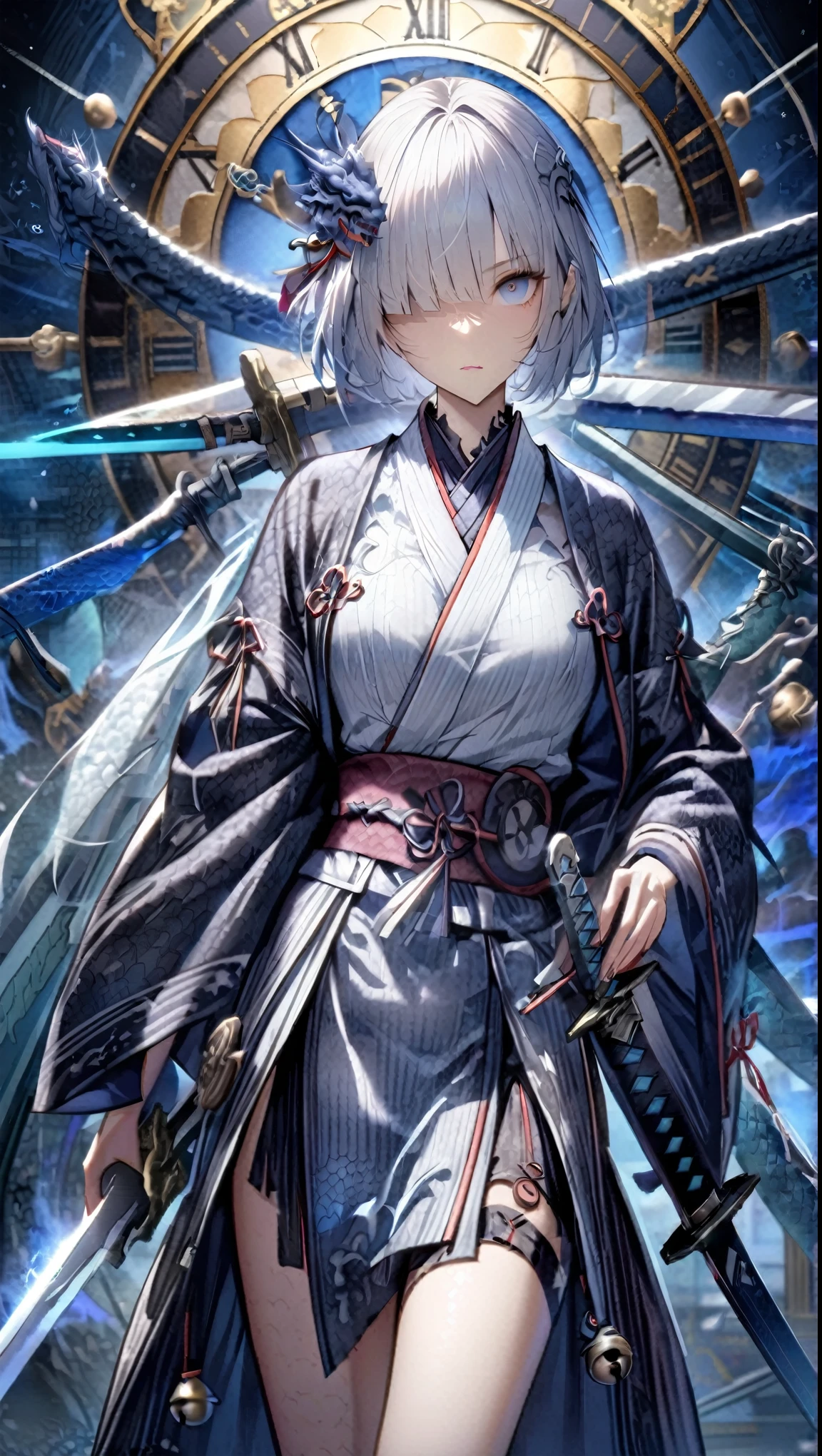 Silver hair, short hair, bangs covering right eye, good looking, kimono, pattern that looks like blue dragon scales, haori, open chest, ((((long sword bundle on waist / NovelAI)))), ((((bundle of swords / NovelAI))))
(((bundle of swords with bells attached))), ((clock face in background))