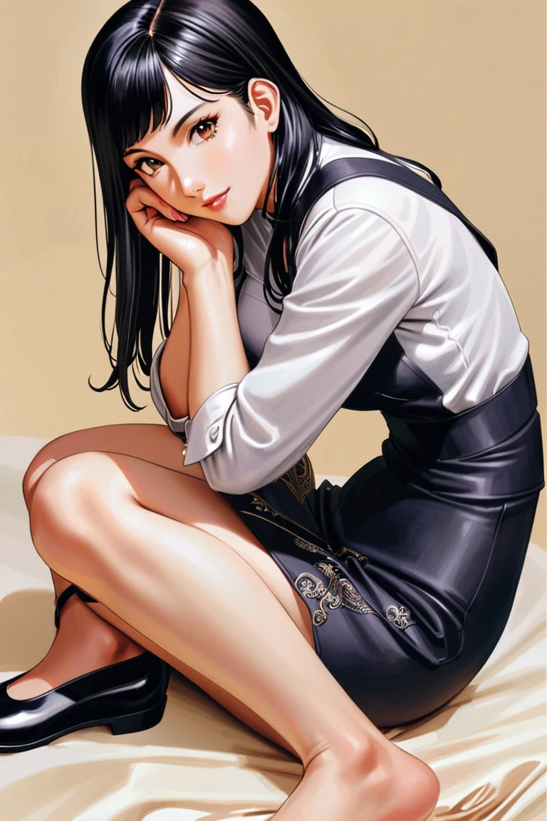 (masterpiece: 1.2, highest quality), realistic, (realistic Picture, intricate details, Depth of the bounds written), Hanabi, 1 girl, alone, pantyhose, black hair, dress, sitting, long sleeve, Put your own hands together, black dress, looking at the viewer, black footwear, black pantyhose, shoes, smile, traditional media, full body, bangs,