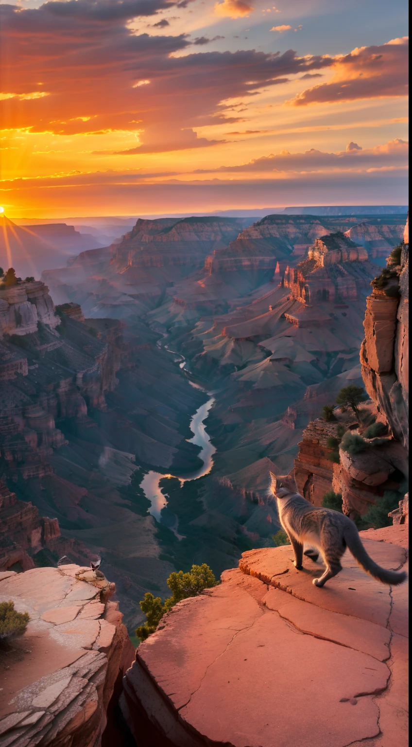 A wild gray cat walking on a rocky outcrop at the Grand Canyon in Arizona, with the vast red rock canyon in the background. The setting sun illuminates the rock walls with an orange glow, creating a majestic landscape