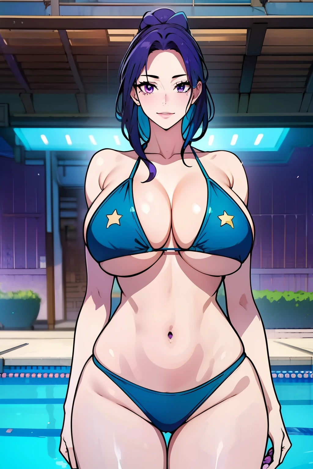 An anime-style artwork depicting ruan mei from the game Honkai star rail.

Tags: ruan mei, anime, detailed eyes, detailed lips, tight bikini, smiling expression, intense gaze, glowing emblem on hand, dynamic pose, outdoor, pool, vibrant colors, digital art, high-resolution, professional quality, gigantic breasts, (underboob : 1.4), curvy, cowboy shot, (gigantic breasts: 1.4), (purple eyes: 1.4), (blue hair: 1.6), short hair