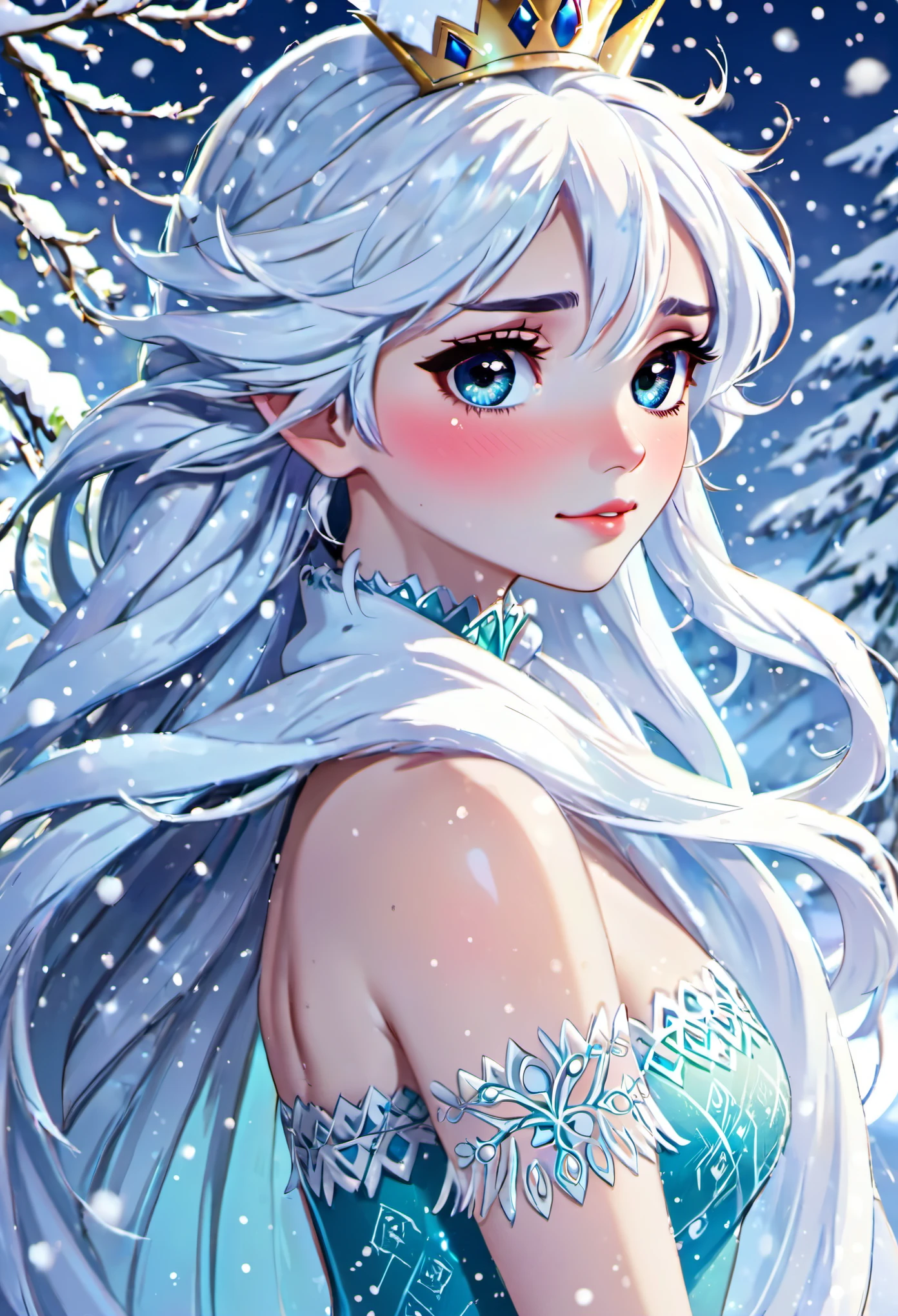 (mejor calidad, high resolution), Elsa de Frozen (hermosos ojos detallados, hermosos labios detallados, ojos y rostro extremadamente detallados, long eyelashes), sosteniendo un copo de nieve suavemente con sus manos, en un paisaje nevado (snow-covered trees, copos de nieve brillantes) , with a feeling of romance and tenderness. The artwork is rendered in a photo-animated Japanese light novel style, with vibrant colors and soft lighting to enhance the magical atmosphere.