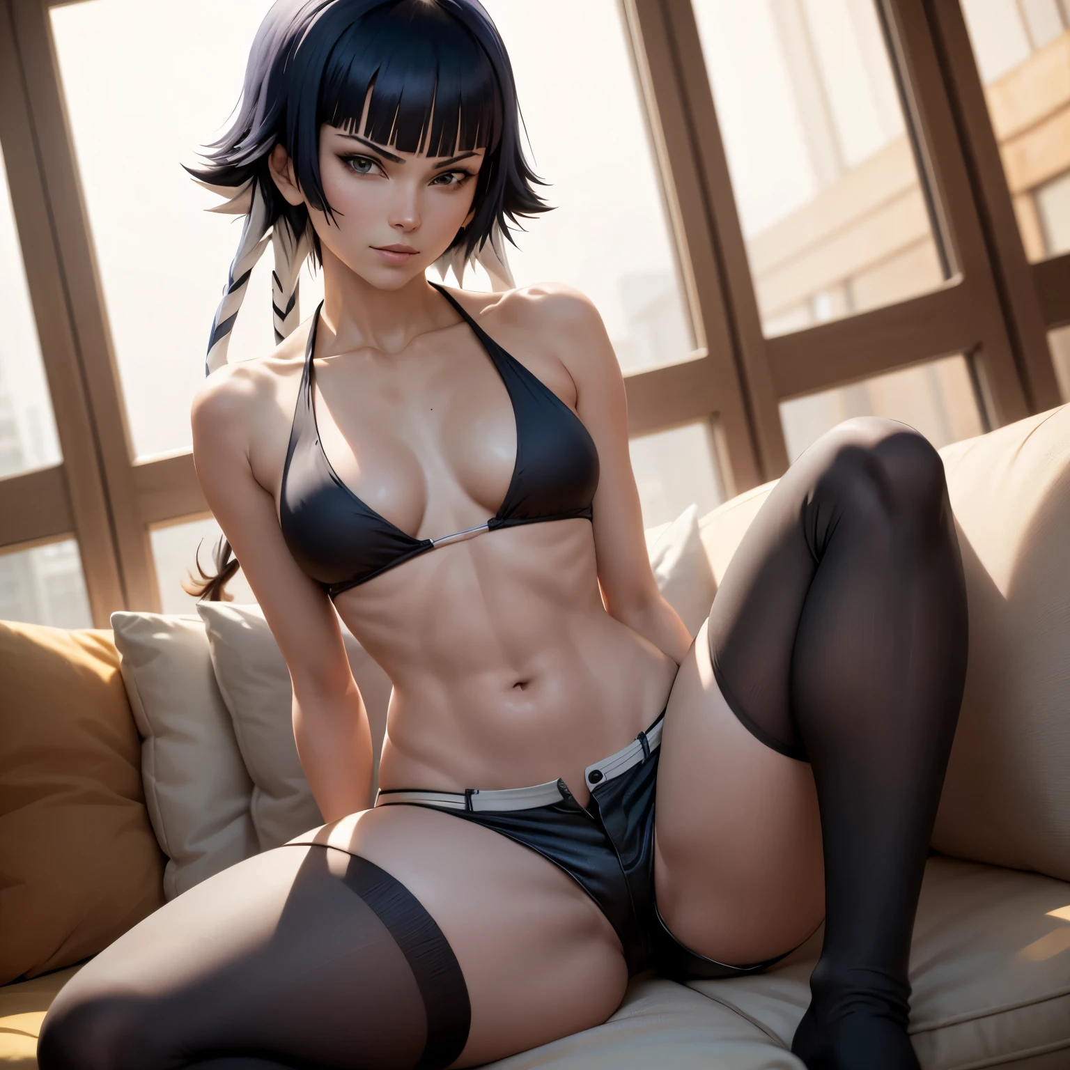 (masterpiece), best quality, expressive eyes, perfect face, solo soi fon from bleach, 30 year old women, facing towards screen  parted lips  feminine figure body wearing bikini ,shorts, thigh socks,bikini,beautiful expressive eyes ,  4k backlighting, smirky face , sitting on the sofa