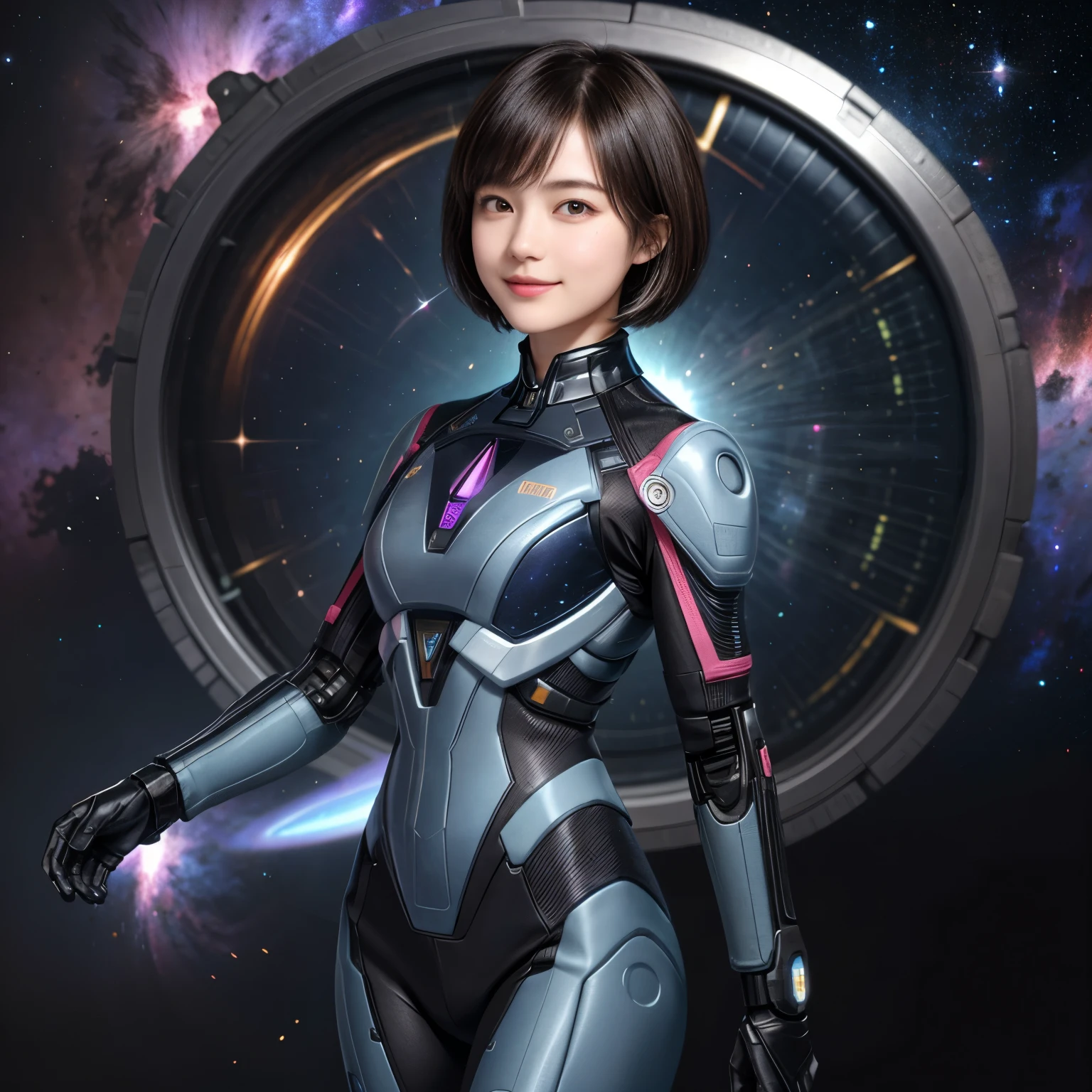 208 Short Hair, 20 year old female, Floral, gentle smile, Futuristic clothing, mechanical suit, (The background is a galaxy and nebula)
