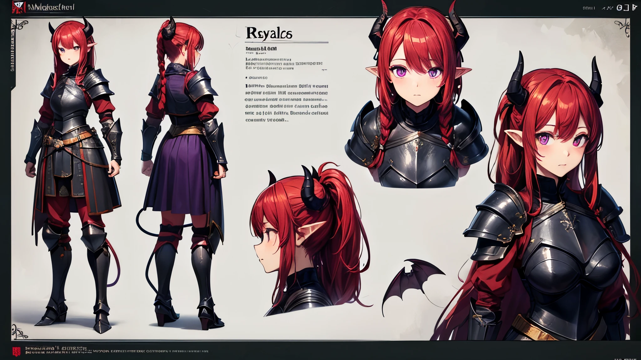 (Masterpiece, best quality), detailed, character sheet, many items (the same person, medieval royal armor, demonic heavy armor, fullplate armor, many parts), athletic, busty, demon, demon girl, detailed beautiful purple eyes, detailed face, pointy ears, red hair and white skin, braided ponytail, demon horns, full of details.
