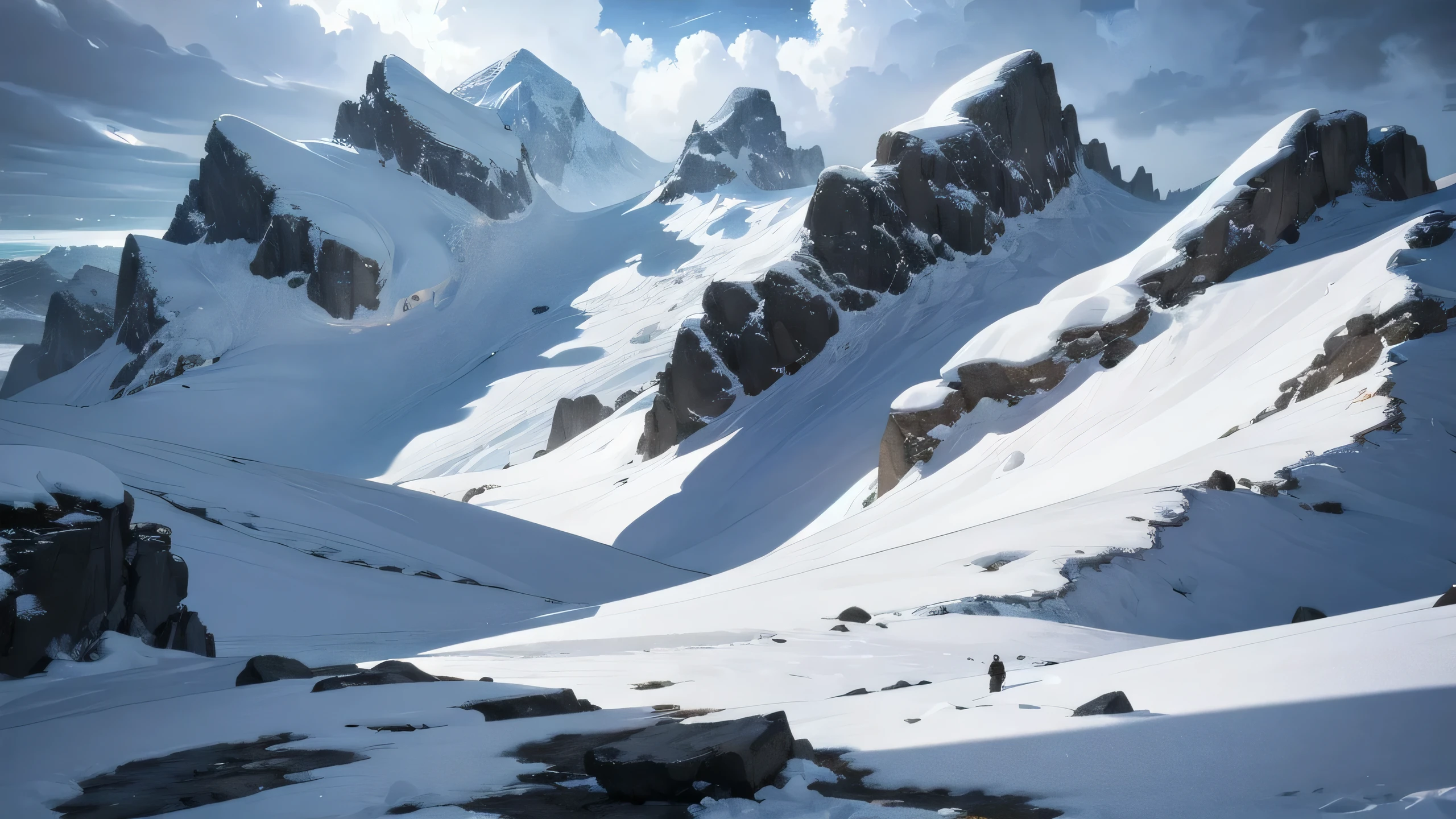 Panorama of the snow-covered mountain range: 1.4, blizzard and an eerily dark night: 1.3, (sloping snowy ridge plateau terrain with artistic beauty), the climb from the front of the snowy mountain ridge to the top is gradual, The altitude gradually increases from the front: 1.3, Taking a break, shooting from above towards the peak in the extremely cold polar region: 1.3, The background is a panoramic snowy landscape with a snowy horizon and distant snowy mountains late at night: 1.3, Ultimate Masterpiece and ultimate quality: 1.4, Extremely delicate details: 1.3, Midnight snow polar region carefully finished by professional art background illustrators: 1.4), Professional award-winning photography Realistic movie poster Digital illustration: 1.4, Artistic beauty: 1.4, Composition that captures the scenery in the screen, realistic rather than fantasy scenes: 1.4, The highest snowy mountain near the top creates a powerful and eerie atmosphere. Cloudy night sky due to a black maly caused by a strange paranormal phenomenon, no one is there: 1.4, shot looking up at the mountain, illustration of an empty Everest landscape: 1.3, realistic mountain terrain: 1.4, Antarctic polar region: 1.4, foreground There are mountains in , and the higher you go, the higher you go: 1.3, Beautiful and gentle mountains, emotional and dramatic bad weather deep blue and pitch black nights, rough dark gray cloudy skies: 1.3, Snowstorm Stylish: 1.4, Ground shot: 1.2, Super close-up: 1.4