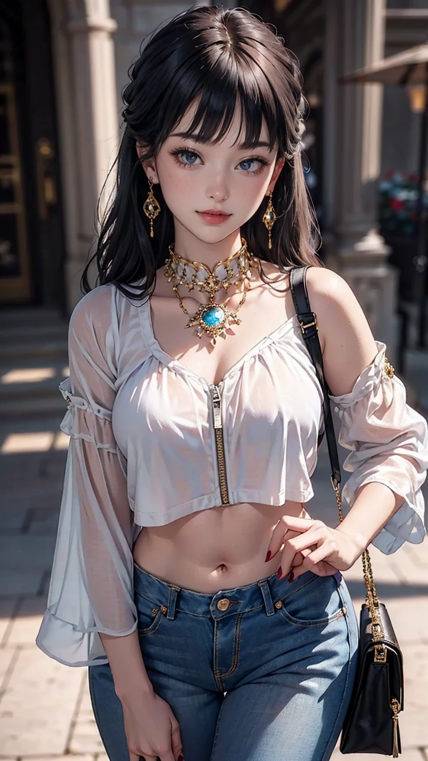 ((最high quality, 8K, masterpiece: 1.3, Ultra HD, high quality, 最high quality, High resolution, realism)) 、25 year old white woman、blue eyes、long hair、smile、slender、slenderだがアスリートのような細マッチョ、I don't want my head to disappear from the screen.、Wear accessories on your wrist、Wearing red nail polish、I have a peticure、aerial perspective((atmospheric perspective))、smile((smiley))、background blur((depth of field)、Wear high-neck zipper-up tops、No sleeve、My abs are cracked、I can see the navel、Wear low rise skinny jeans、Wear stiletto heels、Carry a handbag over one's shoulder、crystal earrings((crystal earrings))、long hair ((long hair))、Dark Blonde、Bangs at the parting((parted bangs))