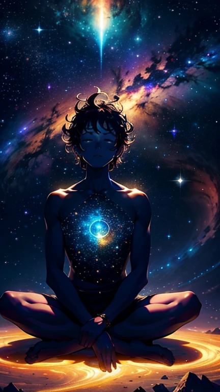 On this tranquil night, a radiant star-studded sky captivates the senses. Embodied in the expanse of this cosmic theatre, an individual, outfitted in unpretentious attire, assumes a reverential posture on the earth, with folded limbs and palms cradling the knees. This figure appears to be one with the cosmos, resonating with the immensity and enigma of the celestial canopy. The backdrop darkens around him, elaborately adorned with specks of light that cast an enigmatic glow upon the meditator. The entire tableau exudes a serene, tranquil, and enigmatic aura with kudalini energy