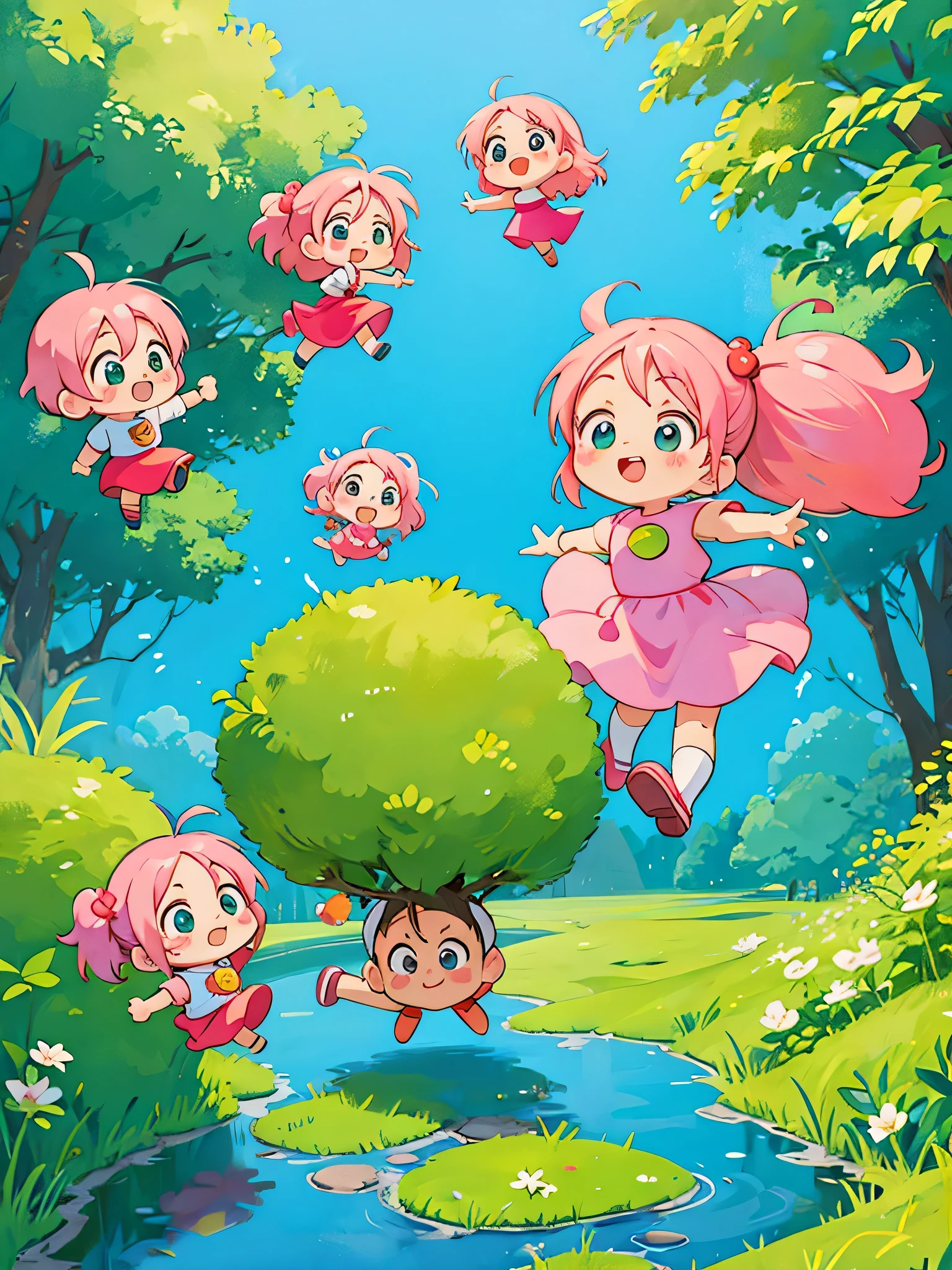 Akira Toriyama style, Kawaii Design, Chibi, beautiful spring afternoon、Jumping in puddles