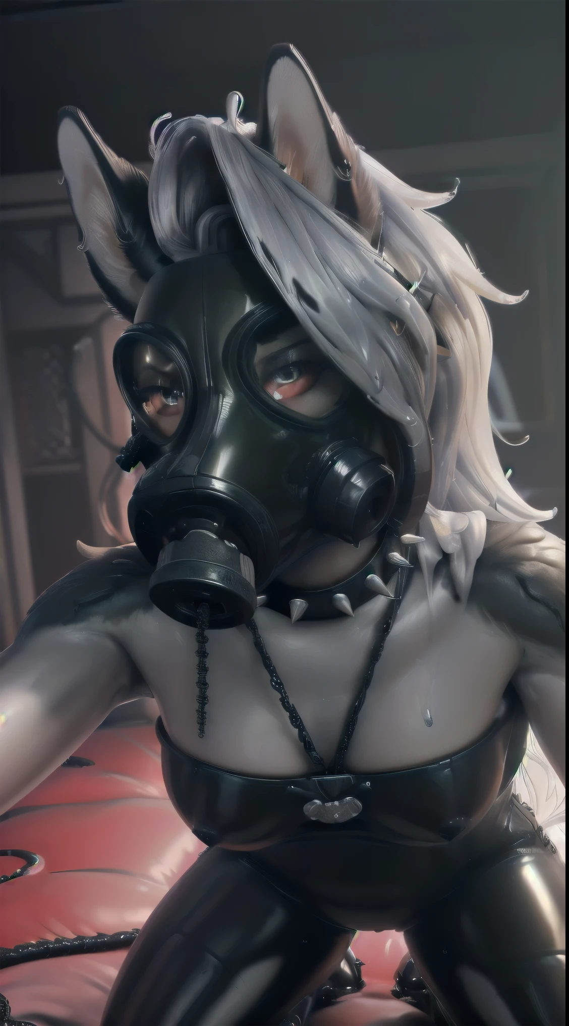 A highly detailed pov illustration of (((female, canine, young, , flat chest, young, lithe, loona))), looking at viewer, pleasured expression, snarling, gritting teeth, aroused, black spiked collar,  black, black latex suit, bottomless, gas mask covers face so that only eyes and ears and hair is visible, detailed, (feminine eyes, detailed eyes, red sclera, ultra detailed eyes), sexual, aroused, wet, slimy, blushing, dripping, drenched, thighs wet, standing over viewer, viewed from above, close-up, ((extremely wet, clear slimy fluid coating, gas mask, gp5, clear fluid squirting from, streams of clear fluid erupting from, dripping, saliva strands connected to, strands of juice pooling on floor)), ((thick layers of sticky cum coating, (pov perspective of my arm from bottom of image, oral play, mouth open wide), (detailed fur texture, detailed fur), detailed background, goth bedroom, ((steamy, thick steam around, ((extremely close-up of, takes up 75% of image, pov perspective of being inserted into, pov perspective of being inserted deep into, by sandra chevrier and greg rutkowski and wlop, bright light, digital art, highly detailed, fine detail, intricate, ornate, complex, octane render, unreal engine, photorealistic, 8k, 16k,