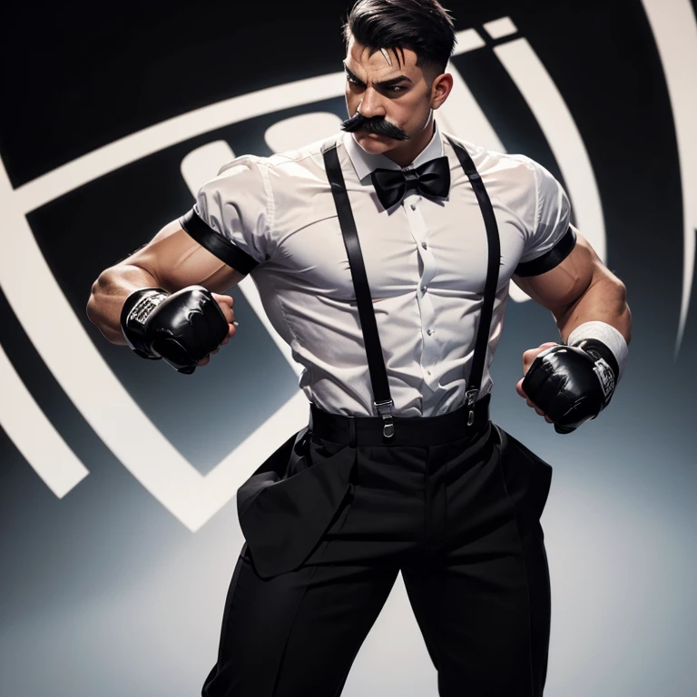 Dudley, street fighter character, white shirt with bow tie, black pants, black suspender, black boxing gloves, mustache, short hair, muscular body,