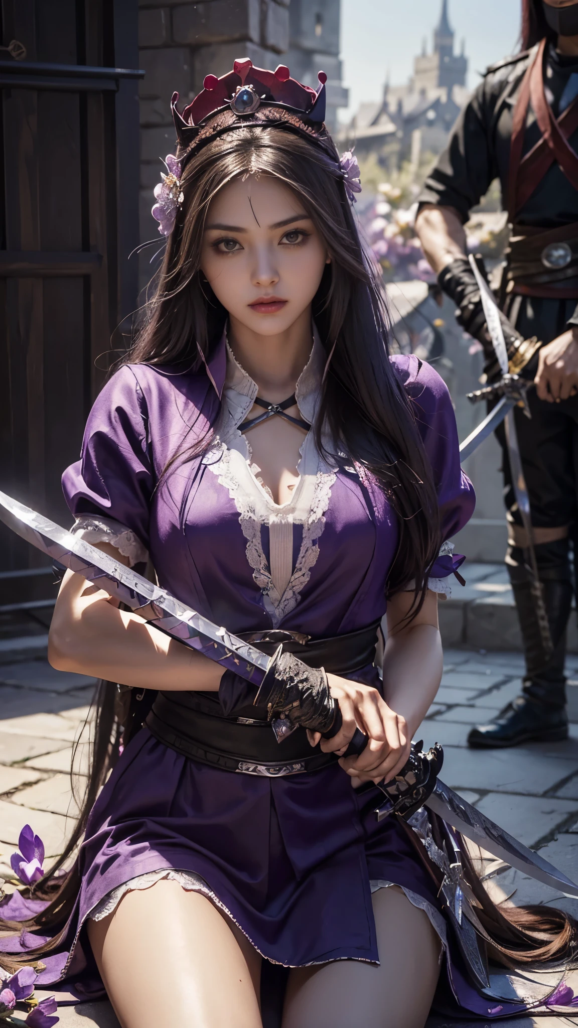 model shoot,1 girl, (innocent face:1.4), long hair, (fantasy Assassin:1.5), purple outfit, lace:1.5, (crown:1.5), (flower:1.5), hyper realistic, super detailed, Dynamic shot, masterpiece, scene sharp détails, perfect eyes, perfect skin, (assassin sword:1.5), (perfect body:1.5),