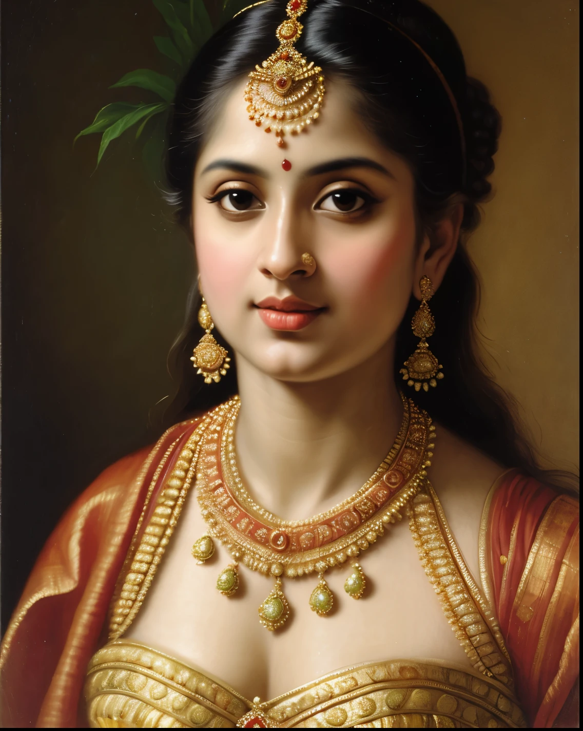 Beautiful Indian Woman, wearing saree, sari Beauty, gorgeous, Apsara, Maharani, royal queen woman, nymph from Hindu Mythology, Urvashi, matchless beauty, Highly detailed, Oil Painting by Peter Paul Rubens inspired by Raja Ravi Varma, Matchless beauty, captivating, gorgeous, heavenly beauty, celestial beauty, by Peter Paul Rubens, 13, realistic, hyper realistic, micro details, incredible artwork, insane details, ultra High resolution, 8k, 32k, acrylic on canvas, intricate, flawless, detailed, detailed face, detailed eyes, masterpiece, by Peter Paul Rubens, by Caravaggio, by William Adolphe bouguereau, perfect face, perfect body, beautiful art, realism, baroque, renaissance Art, highly textured, beautiful and detailed eyes, uhd, best quality,