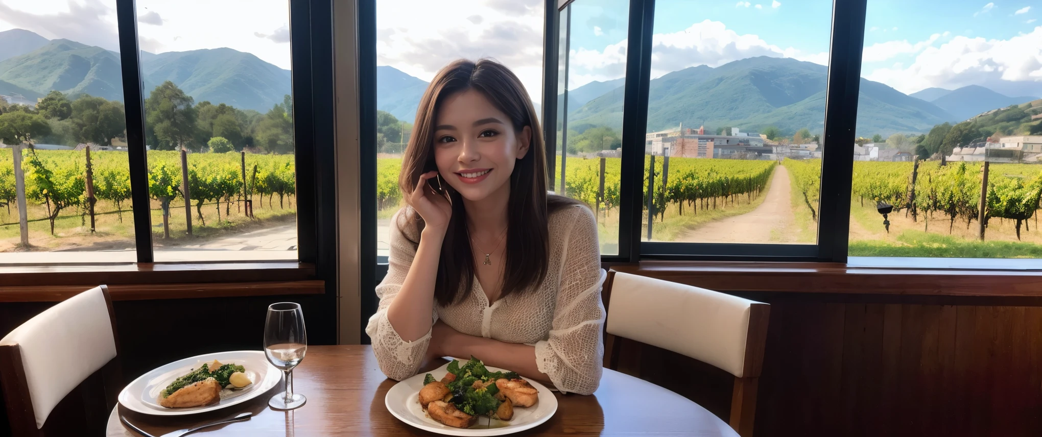((highest quality、8K、masterpiece:1.3))、Beautiful woman perfect body:1.4、slimなボディ、((Bob Hale、straight hair:1.2))、 ultra high resolution, bright image、2. Wine Beauties, beautiful face, blue eyes, fine eyes, light shines on your face, blush your nose, short hair,Spectacular view of the sunset sky and clouds、Amazing mountain views、ニコニコ明るいsmile、smileの素敵な女性、bright face、Fox face、lady、Champagne、Wine bottle、wine glass、red wine 、Appetizer、Italian food、two beauties、brown hair、shortcut、long sleeve shirt、Winter Fashion、dress、wine bottle、sparkling wine、Pretty Woman 1, (slimな顔), (brown hair), (shortcut), cheeks turn a little red, (36 years old), 39 years old, charming beauty、restaurant, nova frog style, actress, model, Upper body, White wine, slim, wine glass, 真ん中に置かれたwine glass, smile, (smile: 1.15), 綺麗なfine eyes, Strong light and shadow,moist body:1.5、delicate eyes、brown hair、The hair is very shiny、