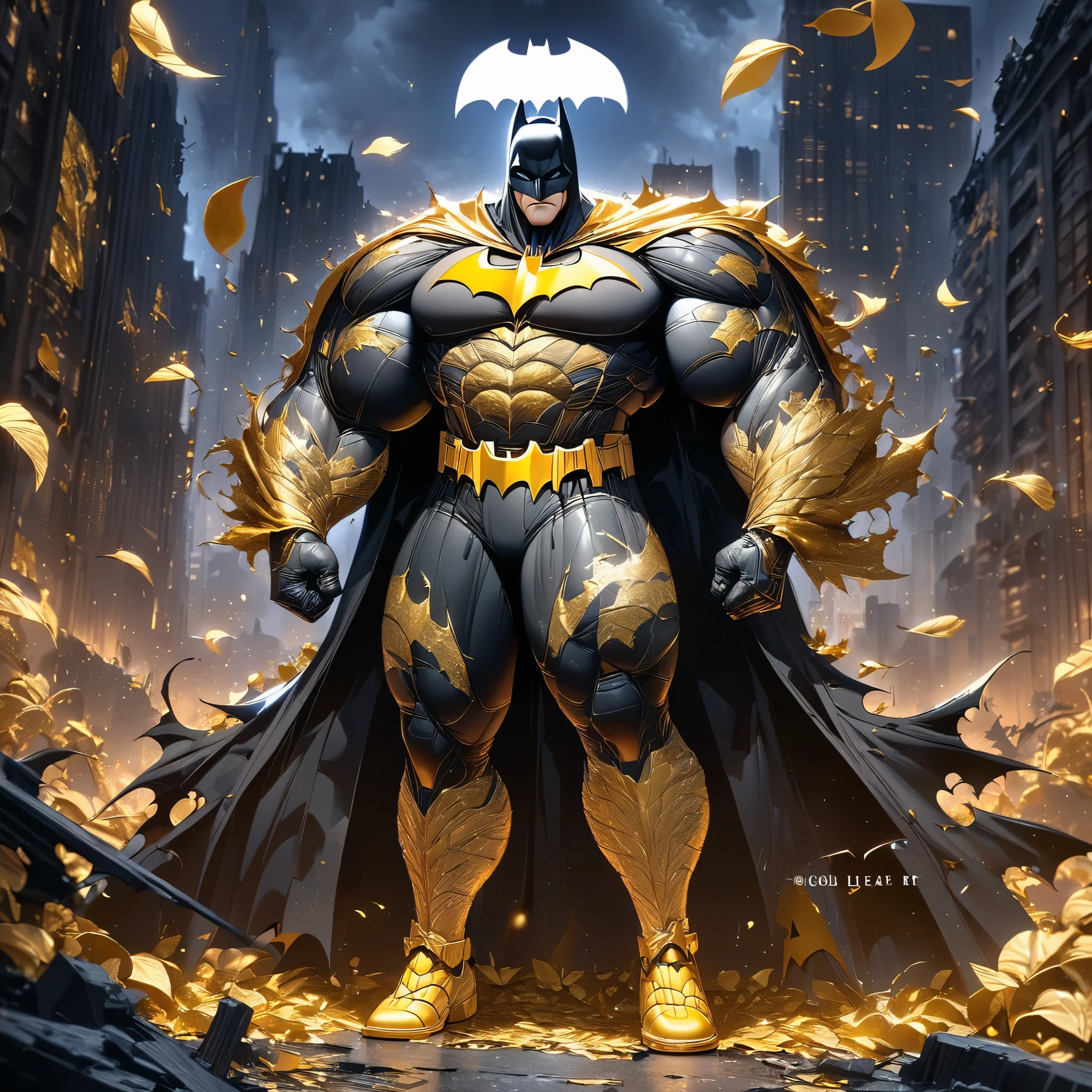 （gold leaf art:1.5)，(masterpiece, exquisite details, super detailed, High resolution), male focus, (((batman))), (((batman金箔战衣)))) Posing for photos, dark night, city ruins, background details, (((whole body)), (((batman Huge Sense))，（gold leaf art:1.5)