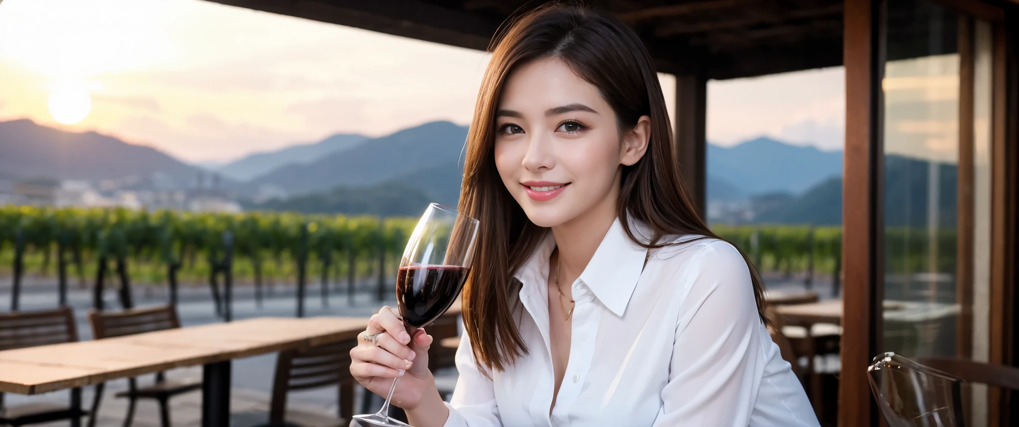((Highest quality、、masterpiece:1.3))、、1 female、42 years old 39 years old、Slim Beauty、beautiful、Upper Body、smile、 (Slim face), (the body is スリム), (Brown Hair), (Shortcuts), テーブルのフルコースディナーとwine glass、Amazing view of the sunset sky and clouds、smileの美しさ、Wine bottle、sparkling wine、Long sleeve shirt、dress、White wine, red wine, wine glass, beautiful細かな木目, Depth f/2,saturation, High Contrast, Strong light and shadow,Moist Body:1.5、3D texture、The hair is very shiny、