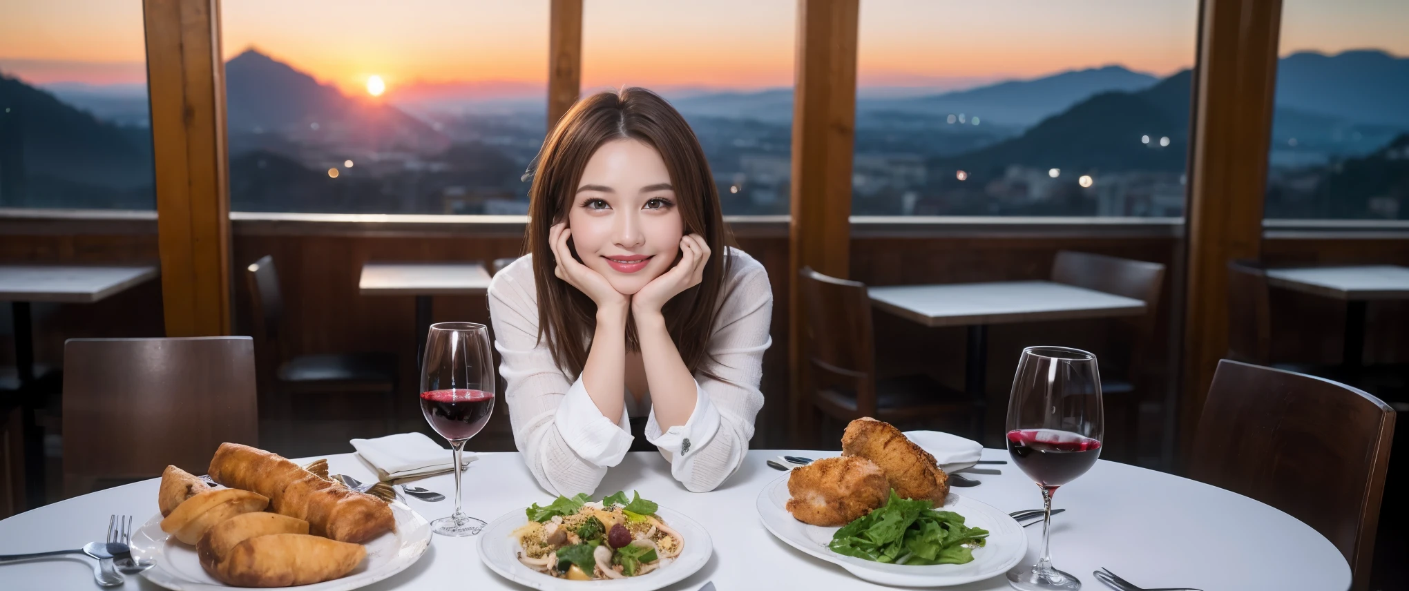 ((highest quality、8K、masterpiece:1.3))、Beautiful woman perfect body:1.4、slimなボディ、((Bob Hale、straight hair:1.2))、 ultra high resolution, bright image、2. Wine Beauties, beautiful face, blue eyes, fine eyes, light shines on your face, blush your nose, short hair,Spectacular view of the sunset sky and clouds、Amazing mountain views、ニコニコ明るいsmile、smileの素敵な女性、bright face、Fox face、lady、Champagne、Wine bottle、wine glass、red wine 、Appetizer、Italian food、two beauties、brown hair、shortcut、long sleeve shirt、Winter Fashion、dress、wine bottle、sparkling wine、Pretty Woman 1, (slimな顔), (brown hair), (shortcut), cheeks turn a little red, (36 years old), 39 years old, charming beauty、restaurant, nova frog style, actress, model, Upper body, White wine, slim, wine glass, 真ん中に置かれたwine glass, smile, (smile: 1.15), 綺麗なfine eyes, Strong light and shadow,moist body:1.5、delicate eyes、brown hair、The hair is very shiny、
