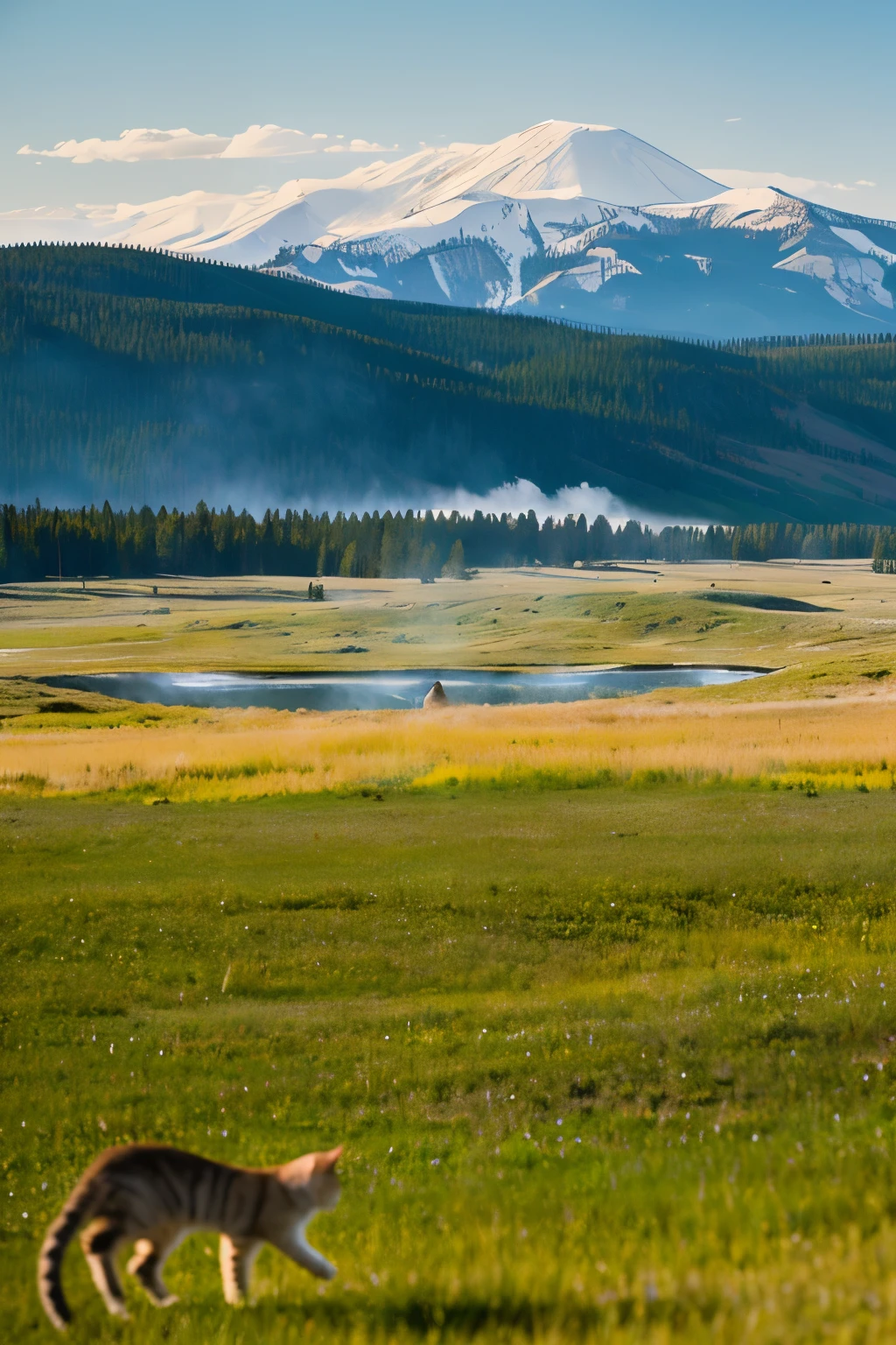 A cat walking across the expansive grasslands of Yellowstone National Park in Wyoming. In the background, a geyser erupts with mountains visible in the distance.