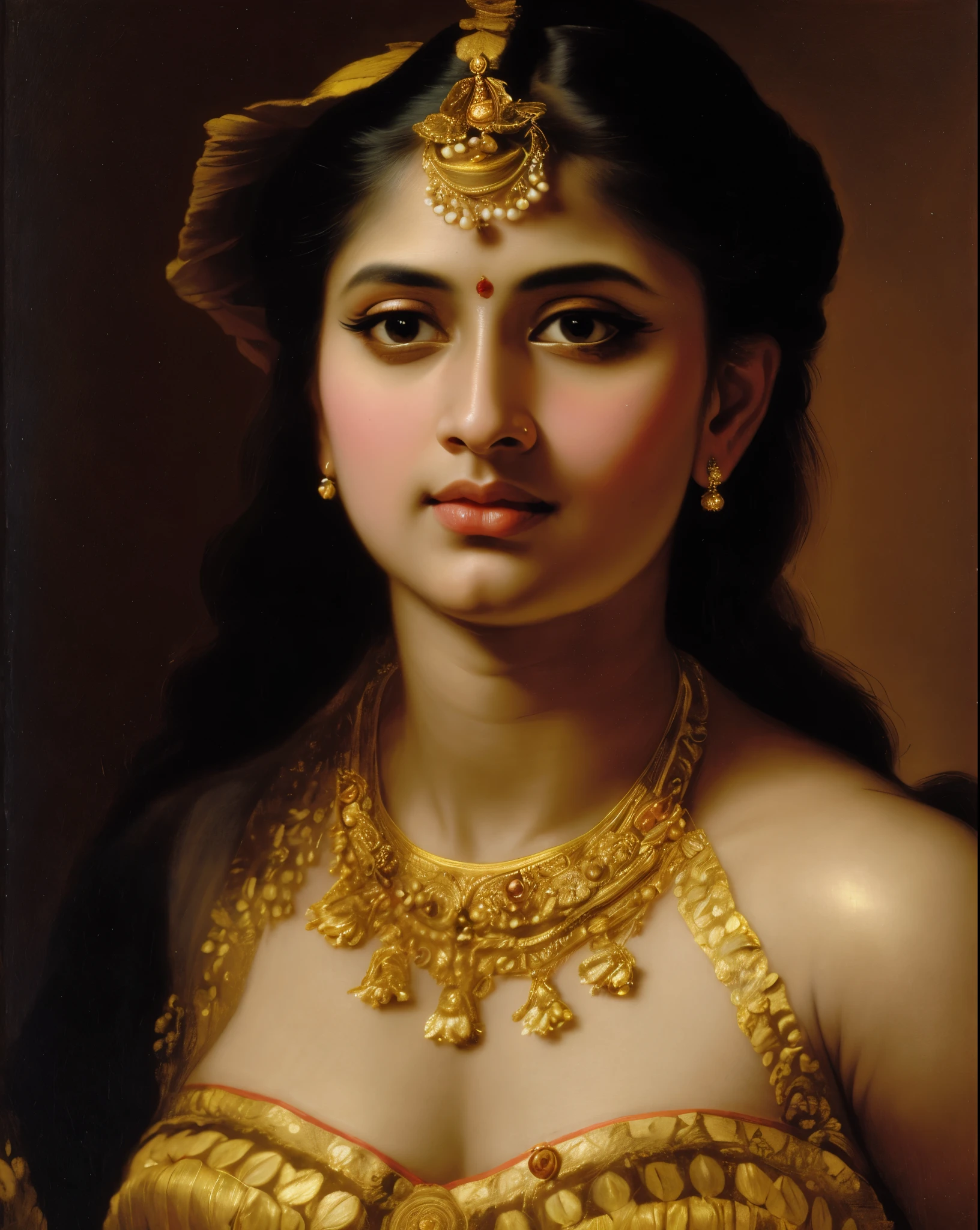 Beautiful Indian Woman, wearing saree, sari Beauty, gorgeous, Apsara, Maharani, royal queen woman, nymph from Hindu Mythology, Urvashi, matchless beauty, Highly detailed, Oil Painting by Peter Paul Rubens inspired by Raja Ravi Varma, Matchless beauty, captivating, gorgeous, heavenly beauty, celestial beauty, by Peter Paul Rubens, 13, realistic, hyper realistic, micro details, incredible artwork, insane details, ultra High resolution, 8k, 32k, acrylic on canvas, intricate, flawless, detailed, detailed face, detailed eyes, masterpiece, by Peter Paul Rubens, by Caravaggio, by William Adolphe bouguereau, perfect face, perfect body, beautiful art, realism, baroque, renaissance Art, highly textured, beautiful and detailed eyes, uhd, best quality,
