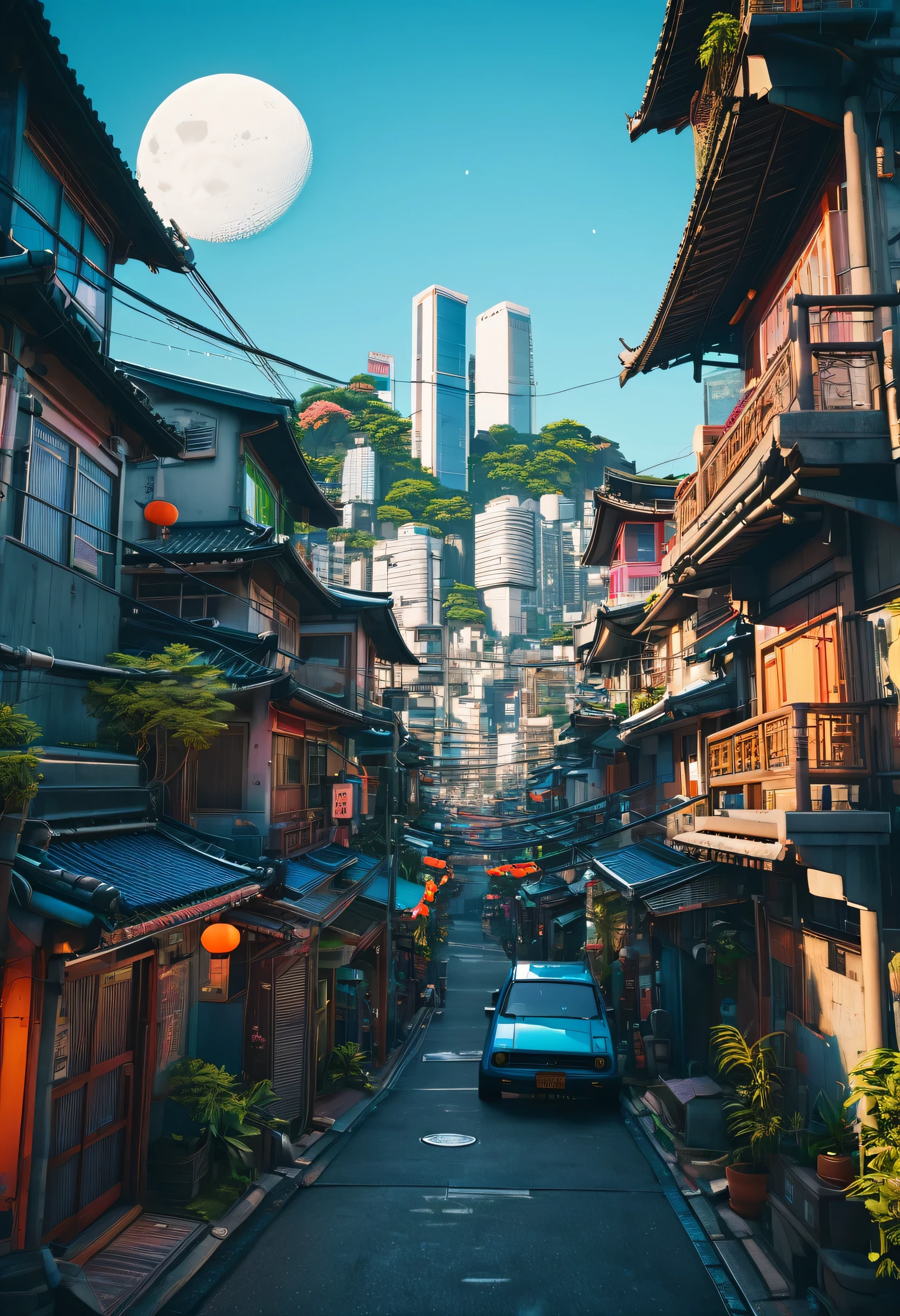 Here is a photo of a street with many buildings, an opulent favela environment, beautiful screenshots, Downtown Solar Punk Utopia, stunning screenshot, dense hypermaximalist metropolis, PC Screenshots, Video Game Screenshots>, A city typical of Tokyo, futuristic favela, dreamy chinatown, Japanese street, fantastic screenshot art, High-resolution screenshots, Blue Moon Ray Tracing