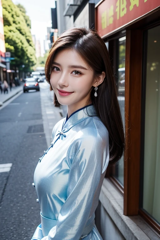 Brunette hair, Slick Back hair, happy face, beauty face, smile, Slim, Thin, Tall, Small Ass, Natural tits, Full body, Blue Eyes, Oval Face, Earrings, Park, Walking, Wearing a Cheongsam, Viewed from distance, Mary Jane shoes.