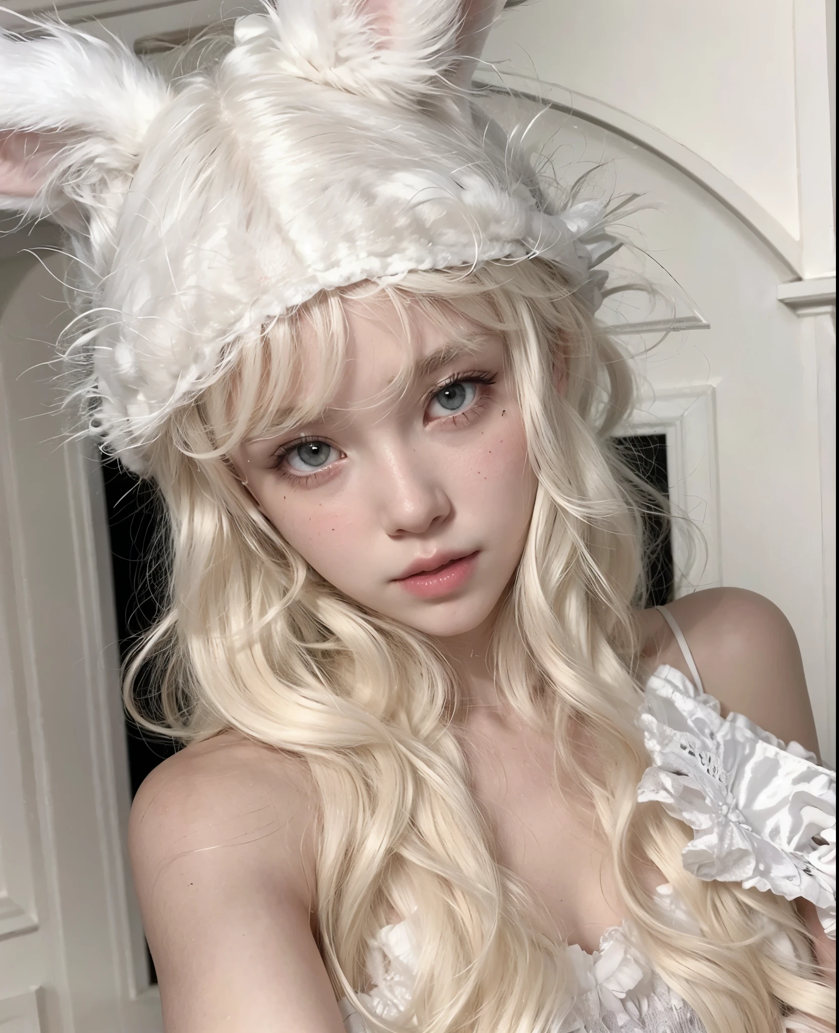blond haired girl with white rabbit ears and white dress, white cat girl, ultrarealistic sweet bunny girl, pale porcelain white skin, pale snow white skin, white ( cat ) girl, pale milky white porcelain skin, pale young ghost girl, with white long hair, porcelain white skin, white fox ears, belle delphine, white bangs, with long white hair