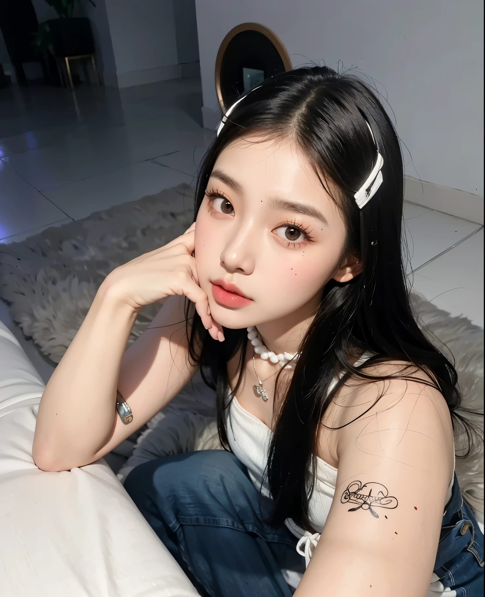 a close up of a woman with a white top and a black hair band, korean girl, beautiful south korean woman, gorgeous young korean woman, ulzzang, young adorable korean face, popular south korean makeup, beautiful young korean woman, wan adorable korean face, young cute wan asian face, popular korean makeup, beautiful asian girl, south east asian with round face