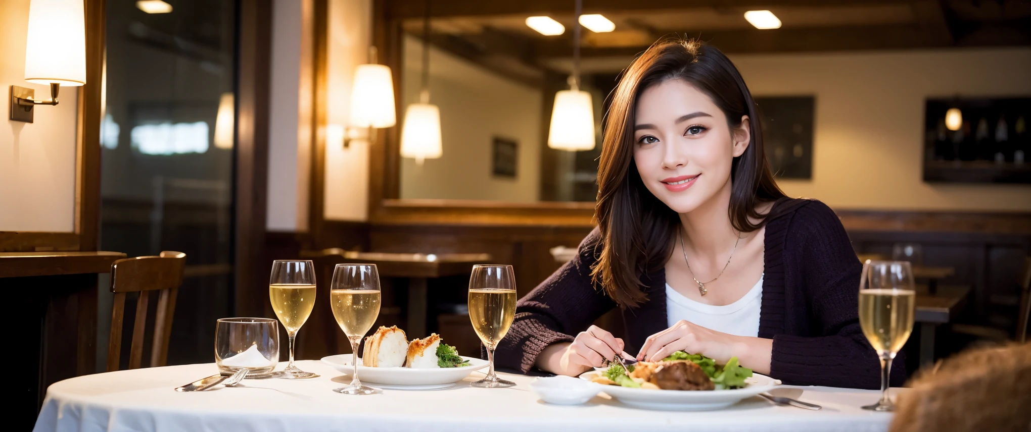 ((highest quality、8K、masterpiece:1.3))、Beautiful woman perfect body:1.4、slimなボディ、((Bob Hale、straight hair:1.2))、 ultra high resolution, bright image、2. The beauty of wine, beautiful face, blue eyes, fine eyes, light shines on your face, blush your nose, short hair,Spectacular view of the sunset sky and clouds、Amazing mountain views、ニコニコ明るいsmile、smileの素敵な女性、bright face、Fox face、lady、Champagne、Wine bottle、wine glass、red wine 、Appetizer、Italian food、Two beauties、brown hair、shortcut、long sleeve shirt、Winter Fashion、dress、Wine bottle、sparkling wine、Pretty Woman 1, (slimな顔), (brown hair), (shortcut), cheeks turn a little red, (36 years old), 39 years old, charming beauty、restaurant, nova frog style, actress, model, Upper body, White wine, slim, wine glass, 真ん中に置かれたwine glass, smile, (smile: 1.15), 綺麗なfine eyes, Strong light and shadow,moist body:1.5、delicate eyes、brown hair、The hair is very shiny、