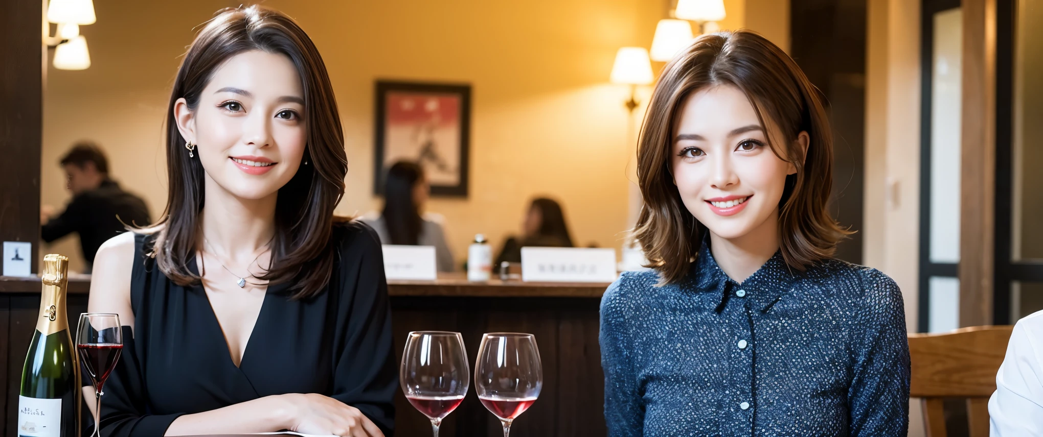 ((highest quality、8K、masterpiece:1.3))、Beautiful woman perfect body:1.4、slimなボディ、((Bob Hale、straight hair:1.2))、 ultra high resolution, bright image、2. The beauty of wine, beautiful face, blue eyes, fine eyes, light shines on your face, blush your nose, short hair,Spectacular view of the sunset sky and clouds、Amazing mountain views、ニコニコ明るいsmile、smileの素敵な女性、bright face、Fox face、lady、Champagne、Wine bottle、wine glass、red wine 、Appetizer、Italian food、Two beauties、brown hair、shortcut、long sleeve shirt、Winter Fashion、dress、Wine bottle、sparkling wine、Pretty Woman 1, (slimな顔), (brown hair), (shortcut), cheeks turn a little red, (36 years old), 39 years old, charming beauty、restaurant, nova frog style, actress, model, Upper body, White wine, slim, wine glass, 真ん中に置かれたwine glass, smile, (smile: 1.15), 綺麗なfine eyes, Strong light and shadow,moist body:1.5、delicate eyes、brown hair、The hair is very shiny、