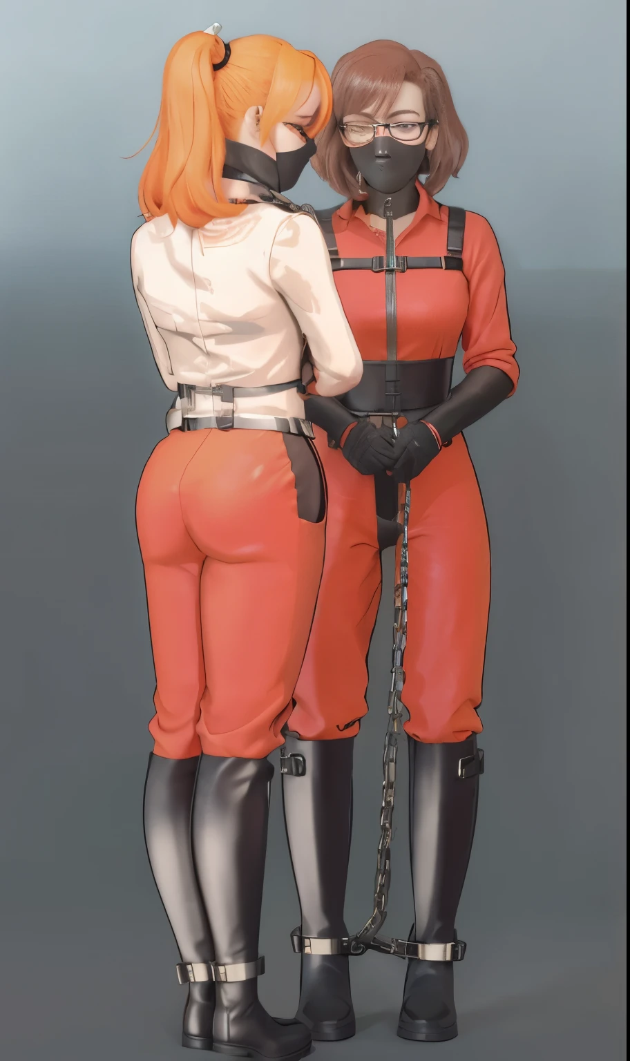two women in orange prison jumpsuits and black leather harness are tied up to chains, (sfw) safe for work, commission for high res, fullbody commission for, rorange prison uniform, gentle femdom, gordon freeman as a woman, commission for, commission, with prison clothing, oc commission, rubberhose style, restrained, dominant pose, dressed in orange inmate attire, dominatrix, handcuffs, Hunter rubber boots on their feet, straitjacket, rubber gloves, rubber gag
