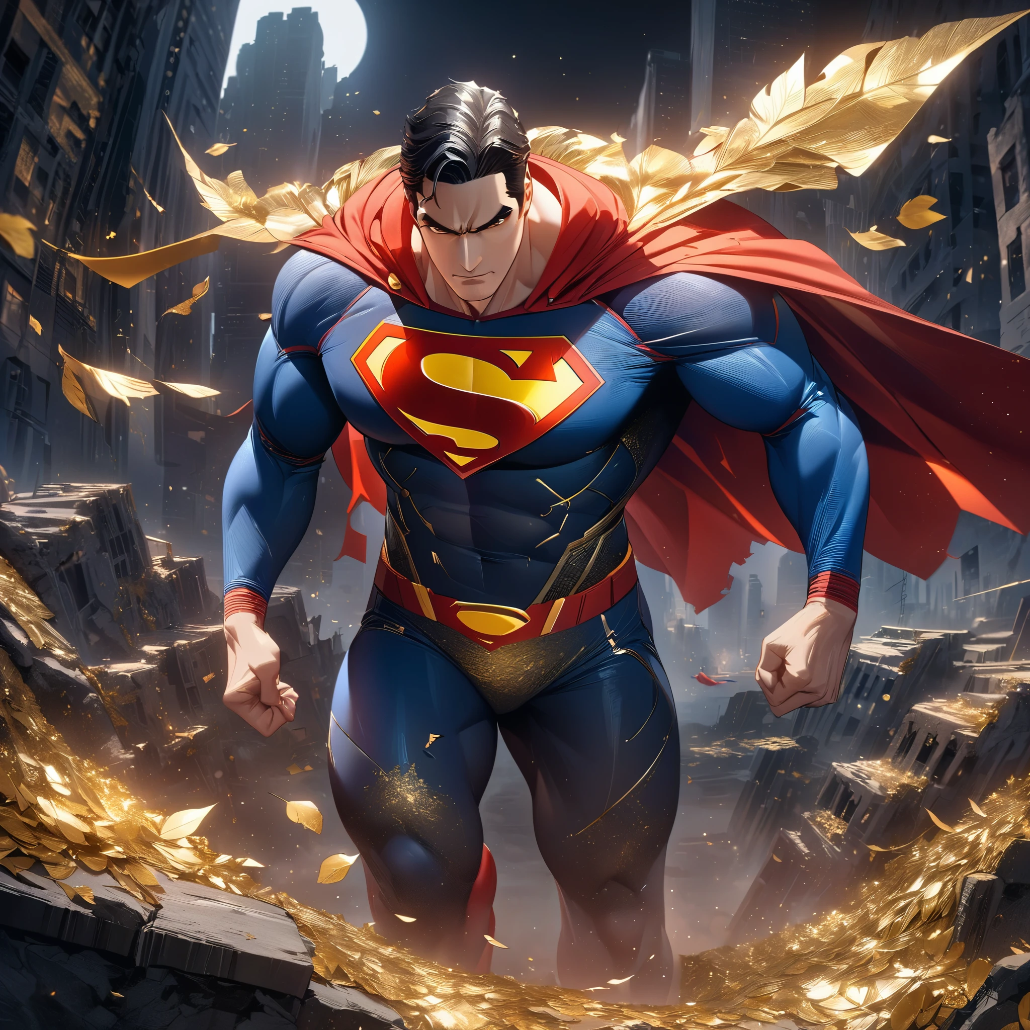 （gold leaf art:1.5)，(masterpiece, exquisite details, super detailed, High resolution), male focus, (((Superman))), (((Superman金箔战衣)))) Posing for photos, dark night, city ruins, background details, (((whole body)), (((Superman Huge Sense))，（gold leaf art:1.5)
