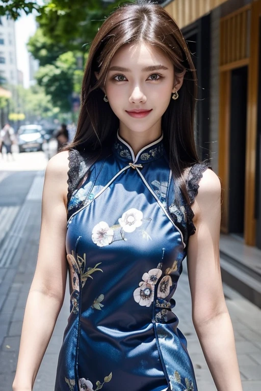 Brunette hair, Slick Back hair, happy face, beauty face, smile, Slim, Thin, Tall, Small Ass, Natural tits, Picture take entire-body, Blue Eyes, Oval Face, Earrings, Park, Walking, Wearing a lace Cheongsam, Viewed from distance, Mary Jane shoes.