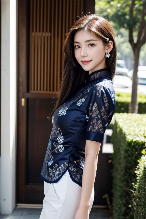 Brunette hair, Slick Back hair, happy face, beauty face, smile, Slim, Thin, Tall, Small Ass, Natural tits, Picture take entire-body, Blue Eyes, Oval Face, Earrings, Park, Walking, Wearing a lace Cheongsam, Viewed from distance, Mary Jane shoes.