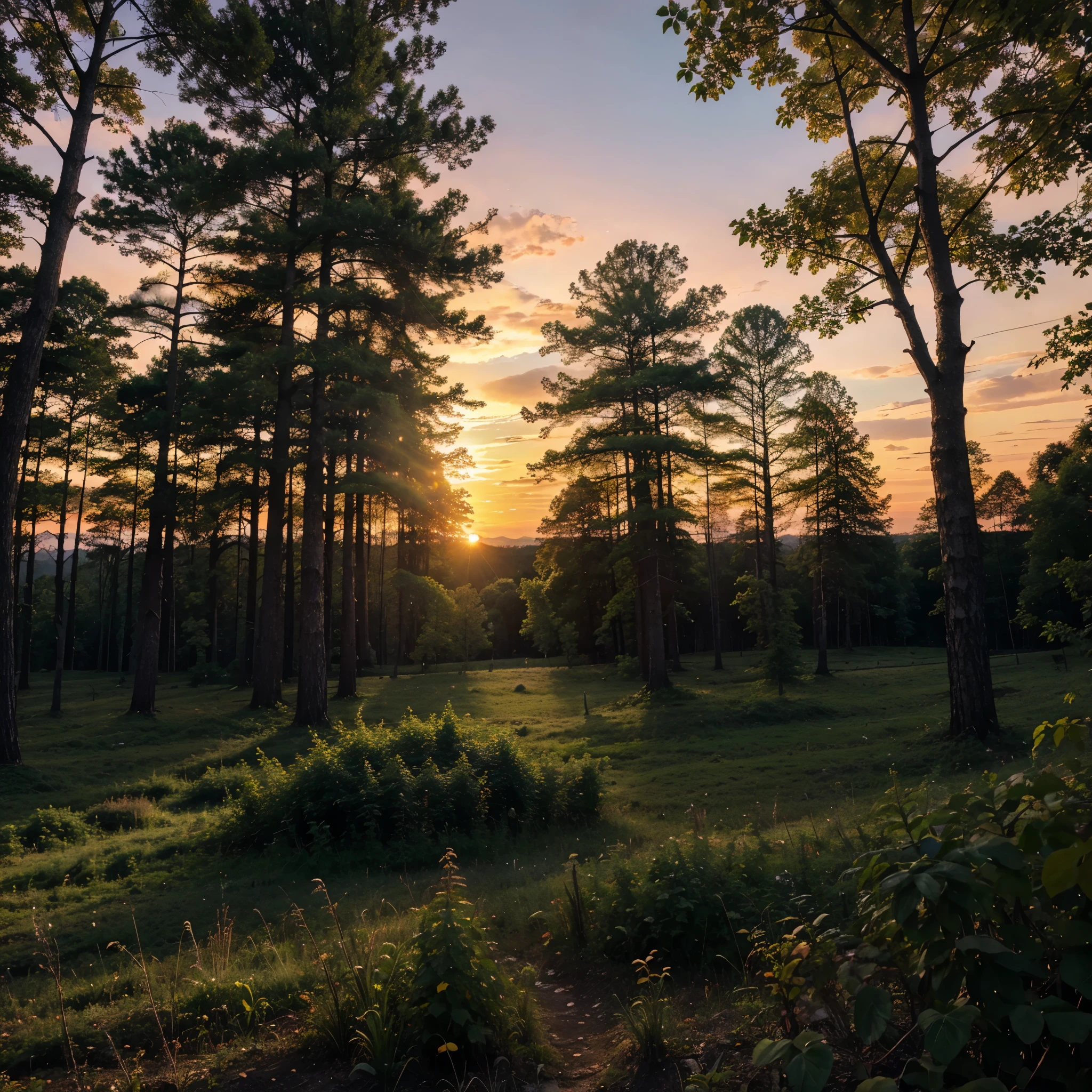Very beautiful sunset in the forest, bright colors, landscape