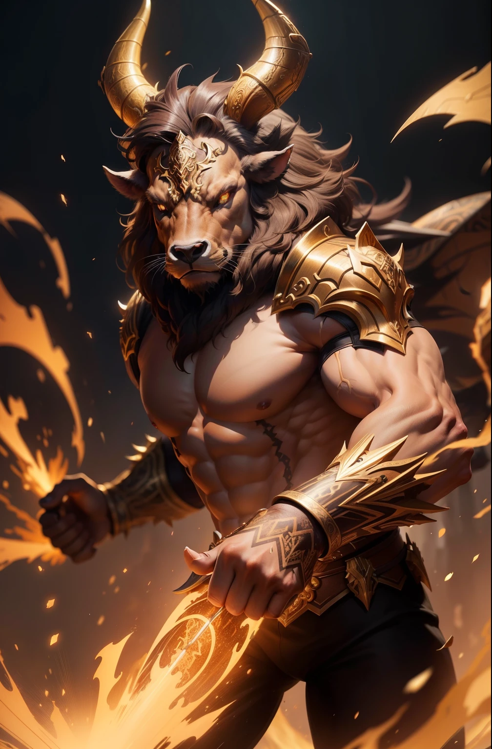 Minotaur beast spirit with intricate details, showcasing detailed info items and skill images with dynamic effects in brown and gold color.