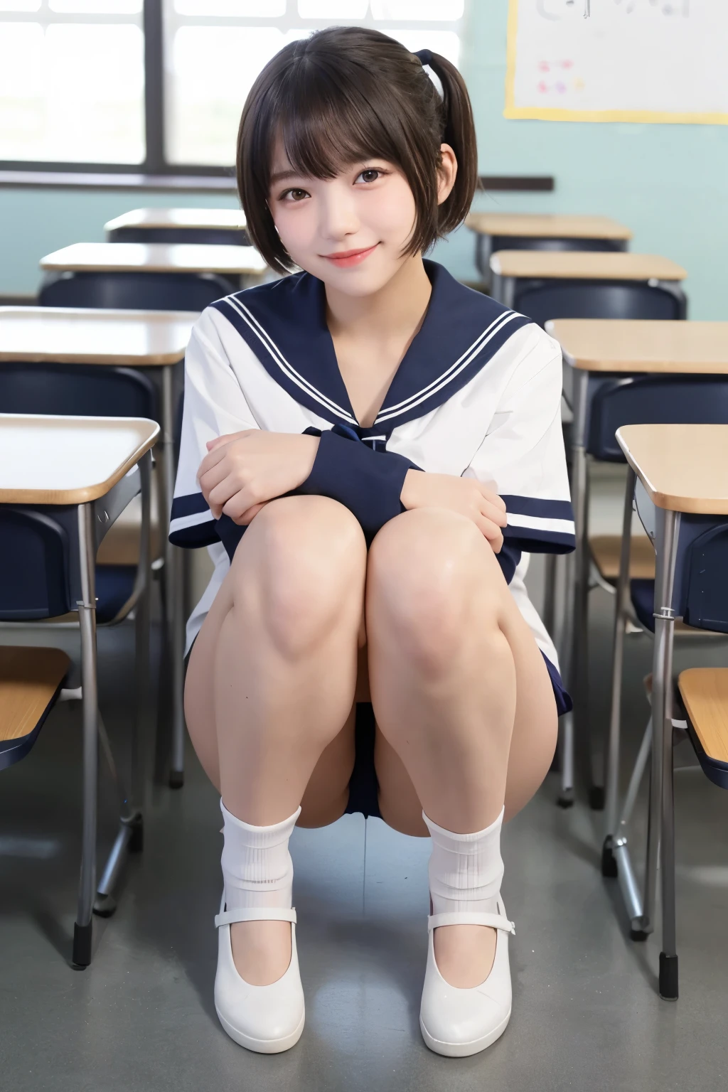 standing in a school classroom,White sailor shirt and navy bikini bottoms,18-year-old,bangs,a little smile,thighs,Total,knees,short cut hair,ponytail,from below、squat down and open your legs、spread legs
