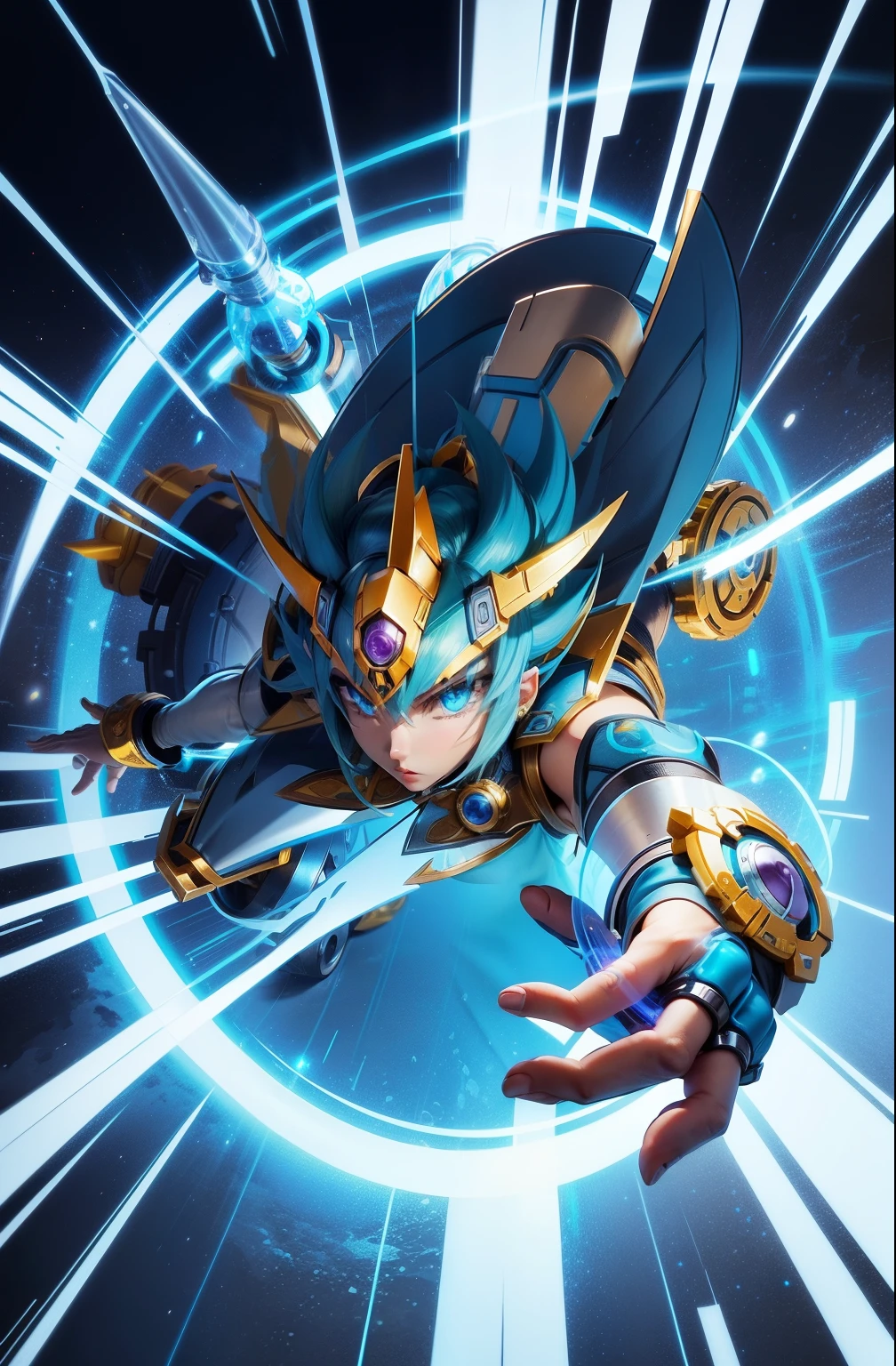 Mech guardian Taurus beyblade spirit with intricate details, showcasing detailed info items and skill images with dynamic effects.