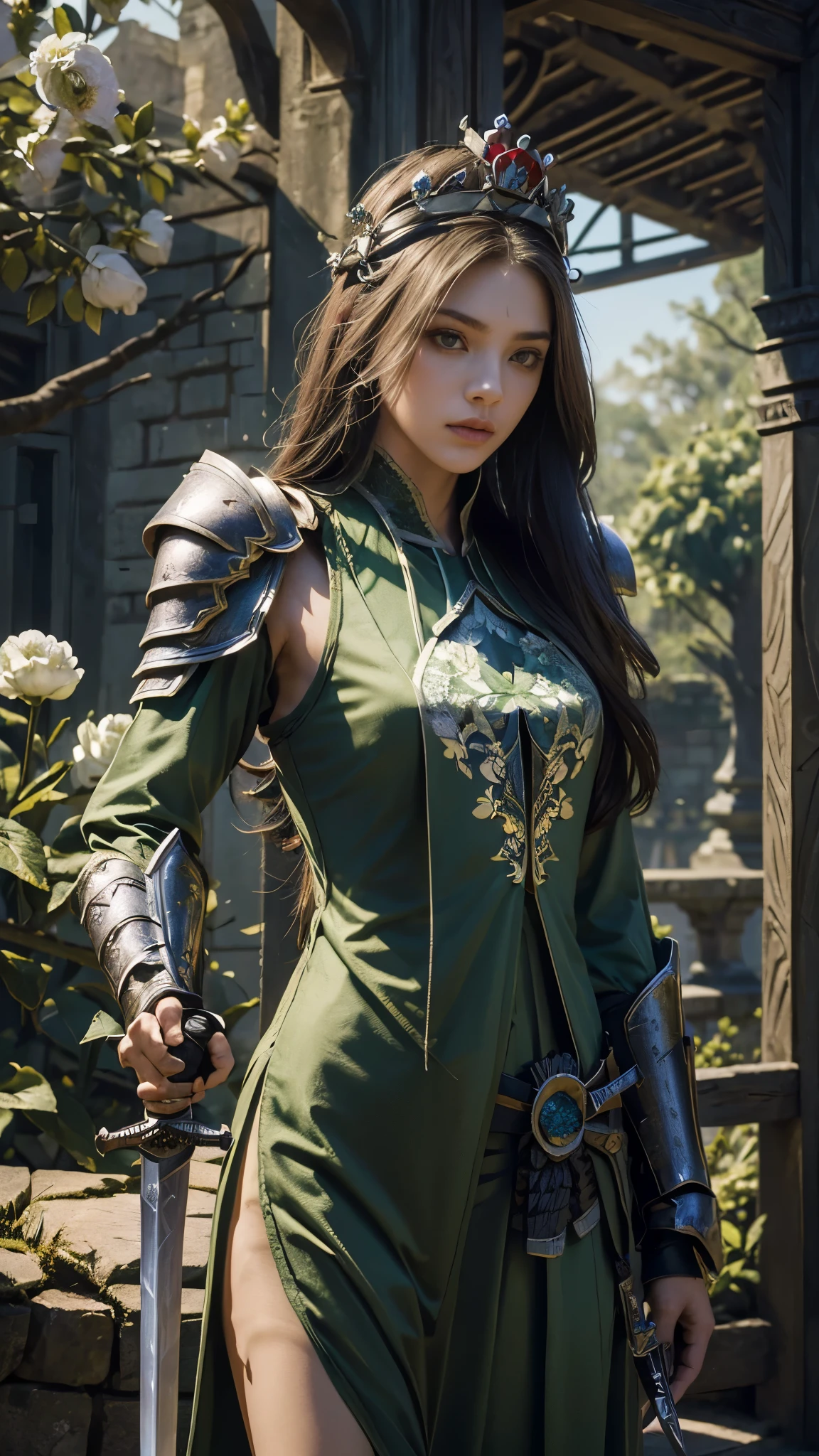 model shoot,1 girl, (innocent face:1.4), long hair, (assassin armor:1.5), green outfit, lace:1.5, (crown:1.5), (flower:1.5), hyper realistic, super detailed, Dynamic shot, masterpiece, scene sharp détails, perfect eyes, perfect skin, (assassin sword:1.5), (perfect slim body:1.5),