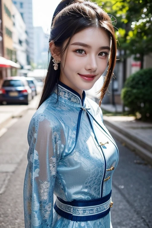 Brunette hair, Slick Back hair, happy face, beauty face, smile, Slim, Thin, Tall, Small Ass, Natural tits, Picture take entire-body, Blue Eyes, Oval Face, Earrings, Park, Walking, Wearing a lacy Cheongsam, Viewed from distance, Mary Jane shoes, Show out entire-body.