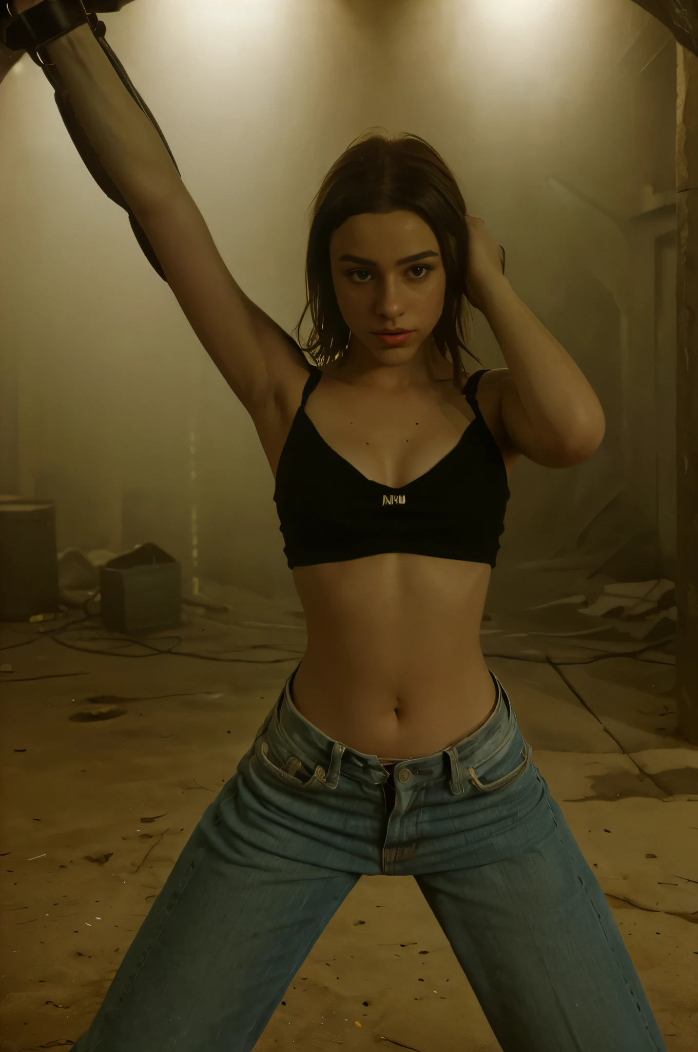 Indie game realistic Photo,(woman in stocks pose,full body with cuffs, wearing a jeans and tank top, low neckline,  photo in a Dungeon of Dasha TAran, Vivid colors, trending on CGSociety, Intricate, high Detail, dramatic lighting, on a beautiful, deserted dungeon, (sculptural body) 8k, ((10mm wide angle lens)), super realistic, by Lee Jeffries Nikon D850 film Stock Photography 4 Kodak Portra 400 camera F1.6 Lens Rich Colors Hyper Realistic Texture Dramatic Lighting Trend Unrealengine on ArtStation Cinestill 800,