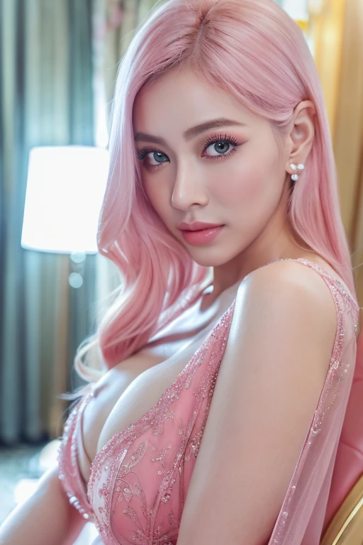 (masterpiece, realistic:1.3), (extremely intricate:1.2), (photorealistic:1.4), (extremely delicate), (ultra realistic:1.3), (modelshoot style), hyperrealistic photography, extremely detailed, 8k wallpaper, UHD, HDR, RAW photo, dslr, hyper realistic, puffy lips, long diamond earrings, (Japanese beauty Japanese mixed:1.2), (realistic skin:1.4), (sweaty:1.1), thick thighs:1.1, narrow :1.1), (bright Pink_hair, voluminous 80 big hair:1.3), red_eyeshadow, red lips, tongue out, mouth open, eyes_smile , makeup, ultra detailed irises, perfect eyes, perfect face, detailed face, (A picture of a girl and hotel:1.5), (full body:1.5), sexy modern tight Minimalist transparant see through gray dressed