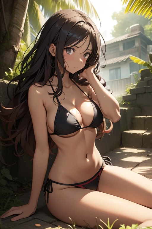 A tanned-skinned anime girl lies down on the ground, her stomach twisted in pain as she clutches it with one hand. Her slim figure is dressed in a worn-out bikini top that barely covers her modest chest, and a pair of ripped jeans that hang loosely on her thin frame. Her long, sun-kissed hair spreads out around her head, covering her face in soft waves. her expression is one of despair and hunger, as if she hasn't eaten in days. The sunlight filters through the trees, casting a warm glow on her emaciated body and highlighting the definition of her ribcage. The bikini top clings to her body, revealing the faint