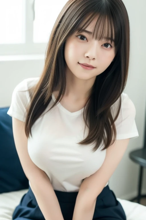 ((masterpiece))、((highest quality))、16K,ultra high resolution、Depth of the bounds written、RAW photo、reality、High level image quality、Super detailed、married woman、60s generation、(plump body)、wavy long hair、realistic background、very big and full breasts、Large sagging breasts、deep cleavage、big nipples、No bra、nipple protrusion、The nipples are visible、Smooth thighs、beautiful thighs、fine and beautiful eyes、hanging eyes、Clear double eyelids、tear bag、sexy smile、office、sitting in front of a computer、(A tight white short-sleeved knit that clings to her breasts、Vneck、chest is wide open)、(Navy blue tight knit skirt、micro mini skirt)、((Indirect lighting only))、Photo from head to thighs