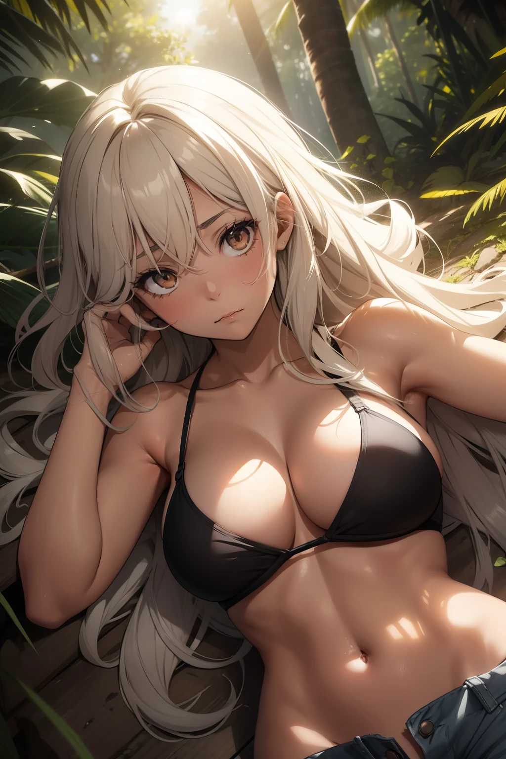 A tanned-skinned anime girl lies down on the ground, her stomach twisted in pain as she clutches it with one hand. Her slim figure is dressed in a worn-out bikini top that barely covers her modest chest, and a pair of ripped jeans that hang loosely on her thin frame. Her long, sun-kissed hair spreads out around her head, covering her face in soft waves. her expression is one of despair and hunger, as if she hasn't eaten in days. The sunlight filters through the trees, casting a warm glow on her emaciated body and highlighting the definition of her ribcage. The bikini top clings to her body, revealing the faint