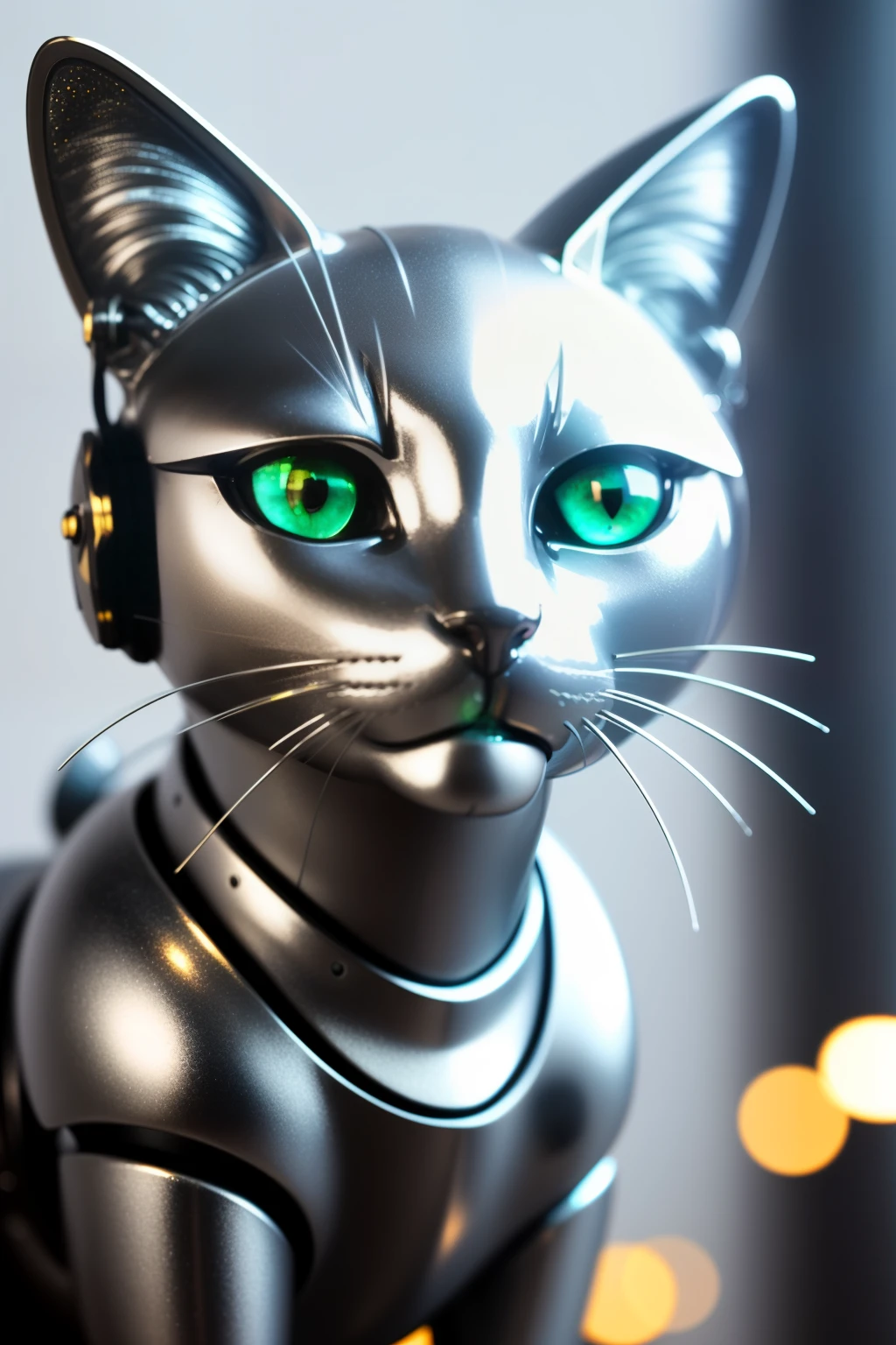 A magnificent metal cat sculpture, (cyborg: 1.2), (shiny metallic surfaces: 1.3), intricately designed, HDR, detail-oriented, captivating close-up, (sparkling eyes: 1.1), capturing the essence of felines with a modern twist, masterpiece, best quality, ultra-high resolution.